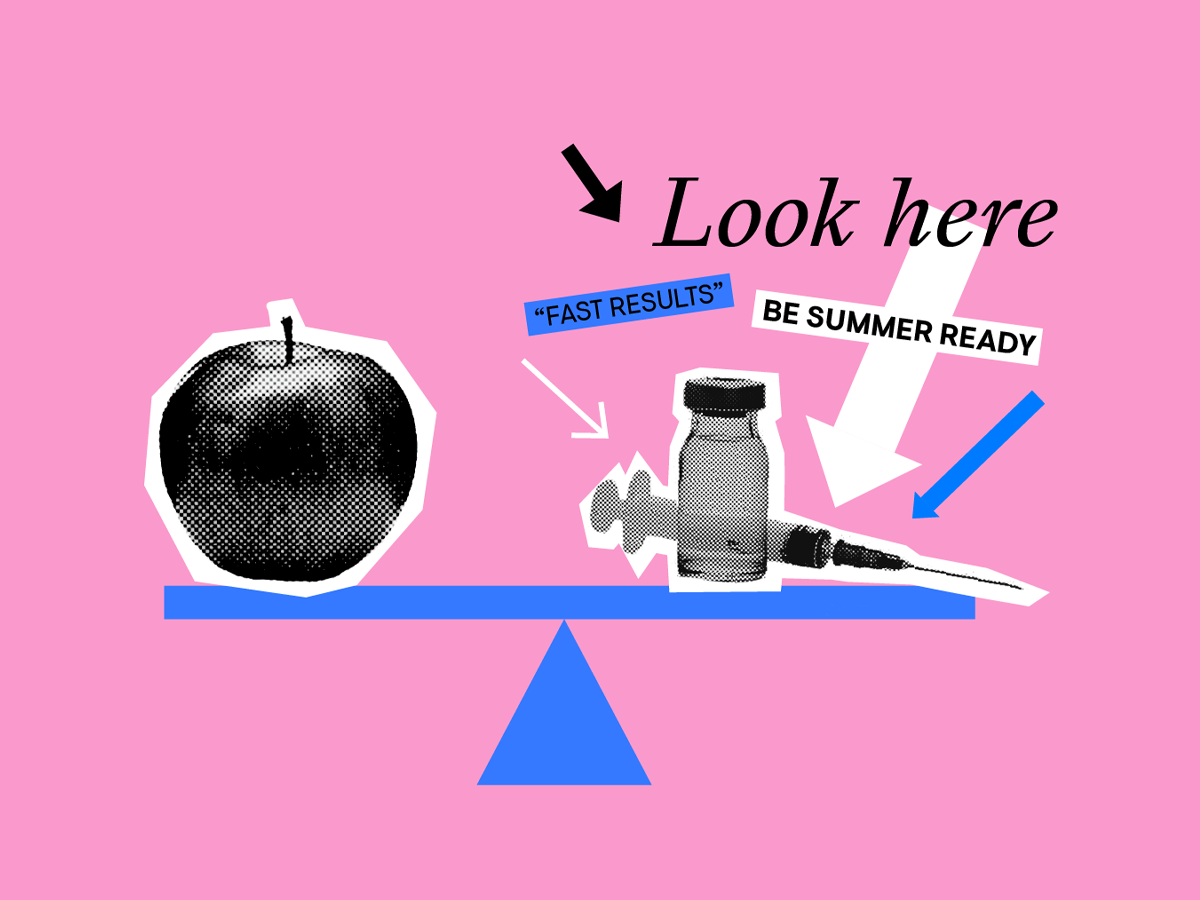 A scale shows an apple on one side, balanced with GLP-1s on the other side. Attention is drawn to the GLP-1s with arrows and labels such as "Look here", "Be summer ready" and "Fast results".