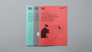 A series of three brochures featuring pixellated illustrations