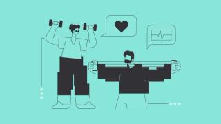 A pixellated illustration of two people keeping fit