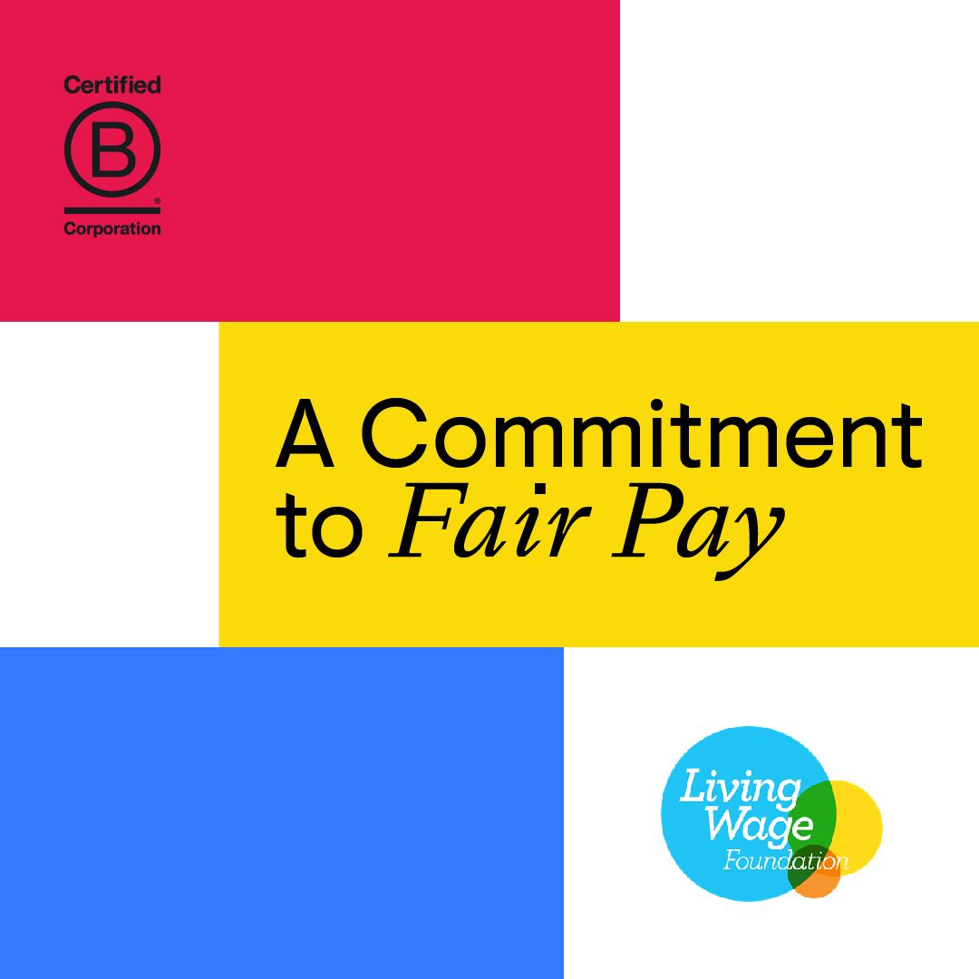 Colourful background of red, yellow, blue with title of a commitment to fair pay and a living wage logo