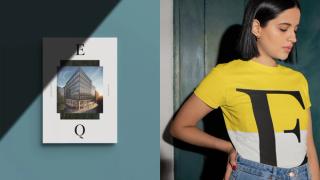 Young woman wearing a bright T-shirt with an E on it, next to a poster reading EQ