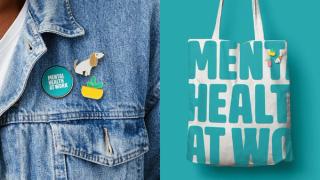 Branded pin badges and tote bag