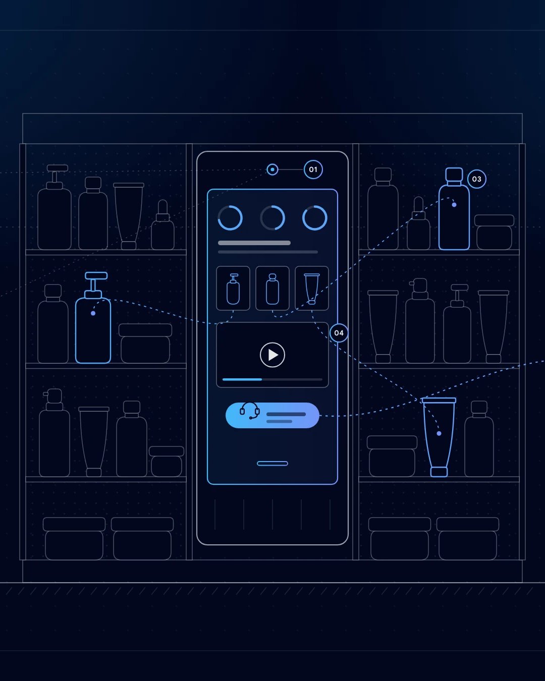 AI mirror in a pharmacy beauty bay, from hair analysis to a live call with a brand advisor