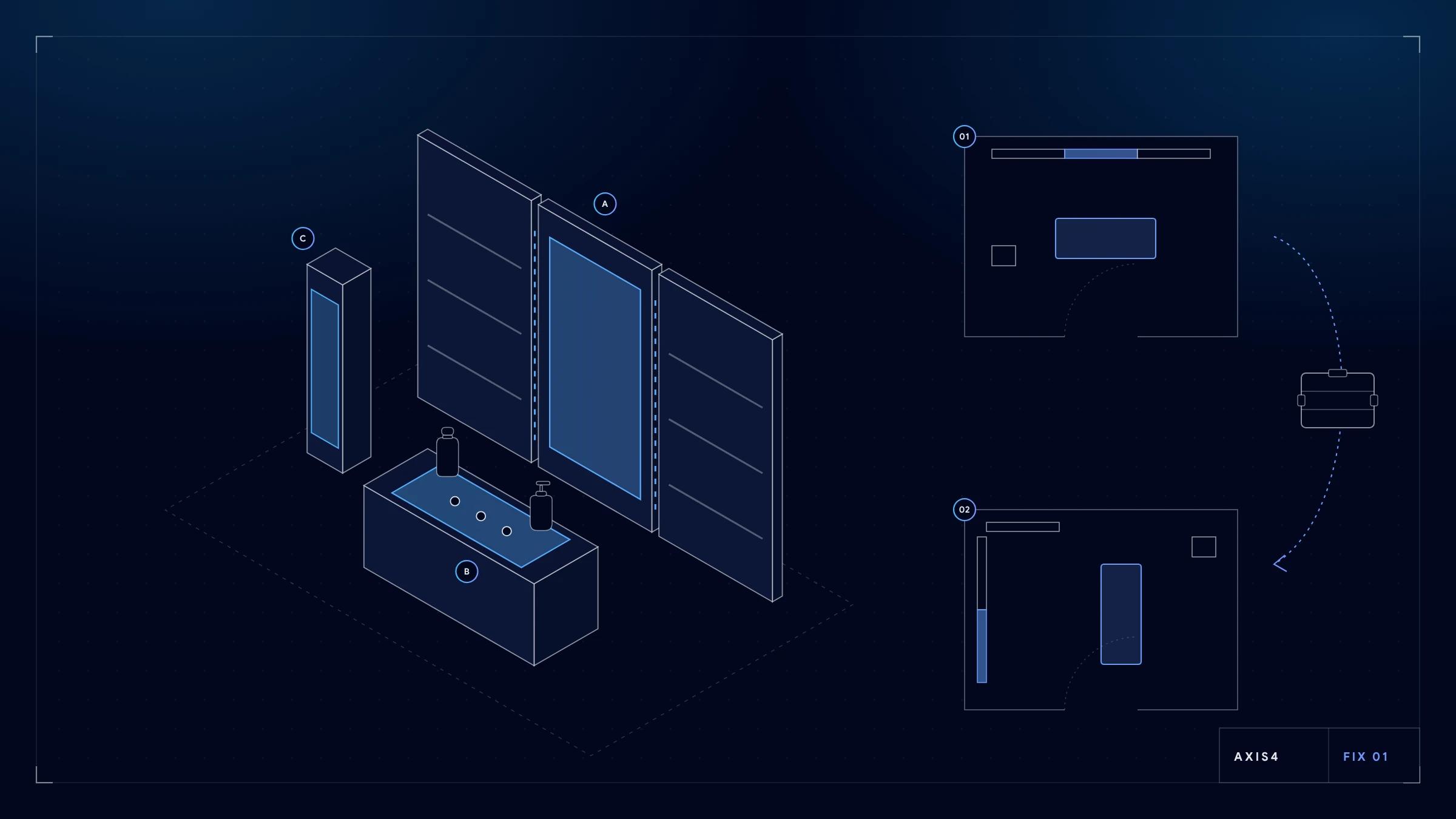 Isometric drawing of pop-up modules, a screen wall, a counter and a totem, rearranged for a second location