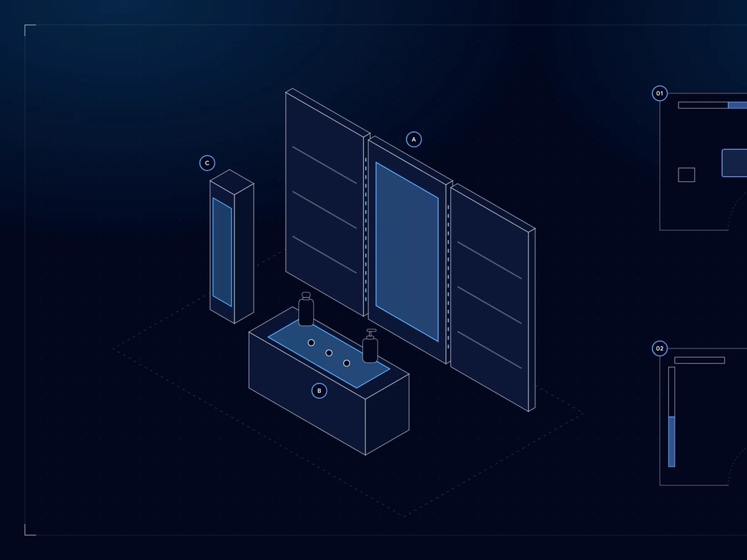 Isometric drawing of pop-up modules, a screen wall, a counter and a totem, rearranged for a second location