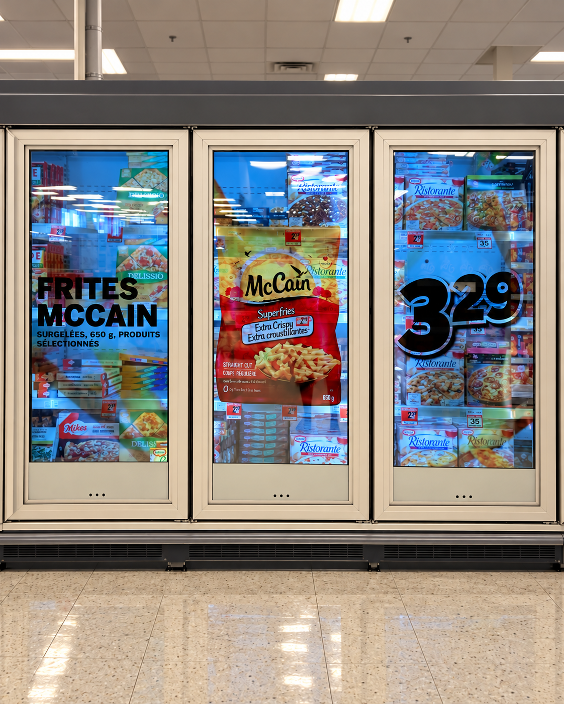 Promotion playing on transparent freezer doors in a Metro frozen aisle