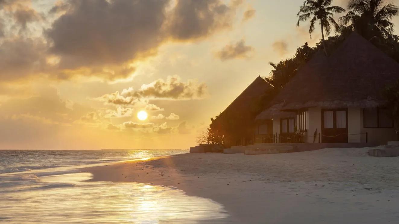 A thatched-roof villa silhouetted against a golden sunset over the ocean, palm trees overhead
