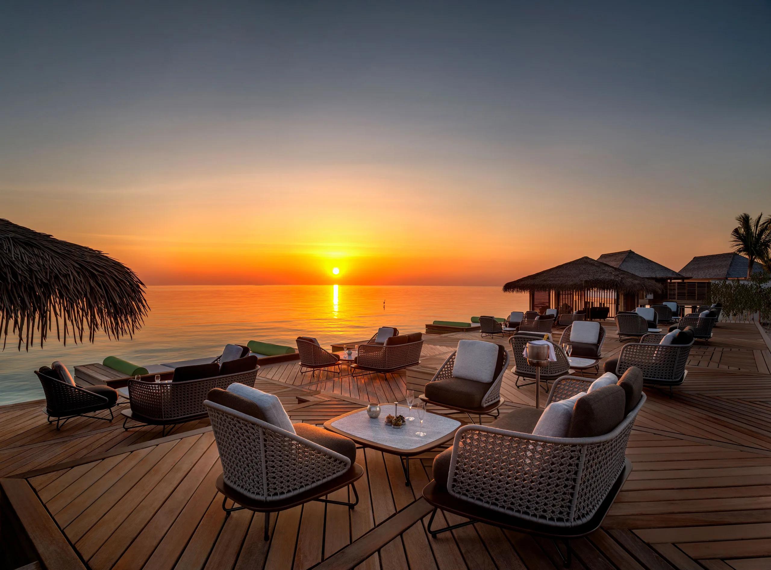 Amber's beachfront lounge at sunset, Waldorf Astoria Maldives Ithaafushi, facing the Indian Ocean