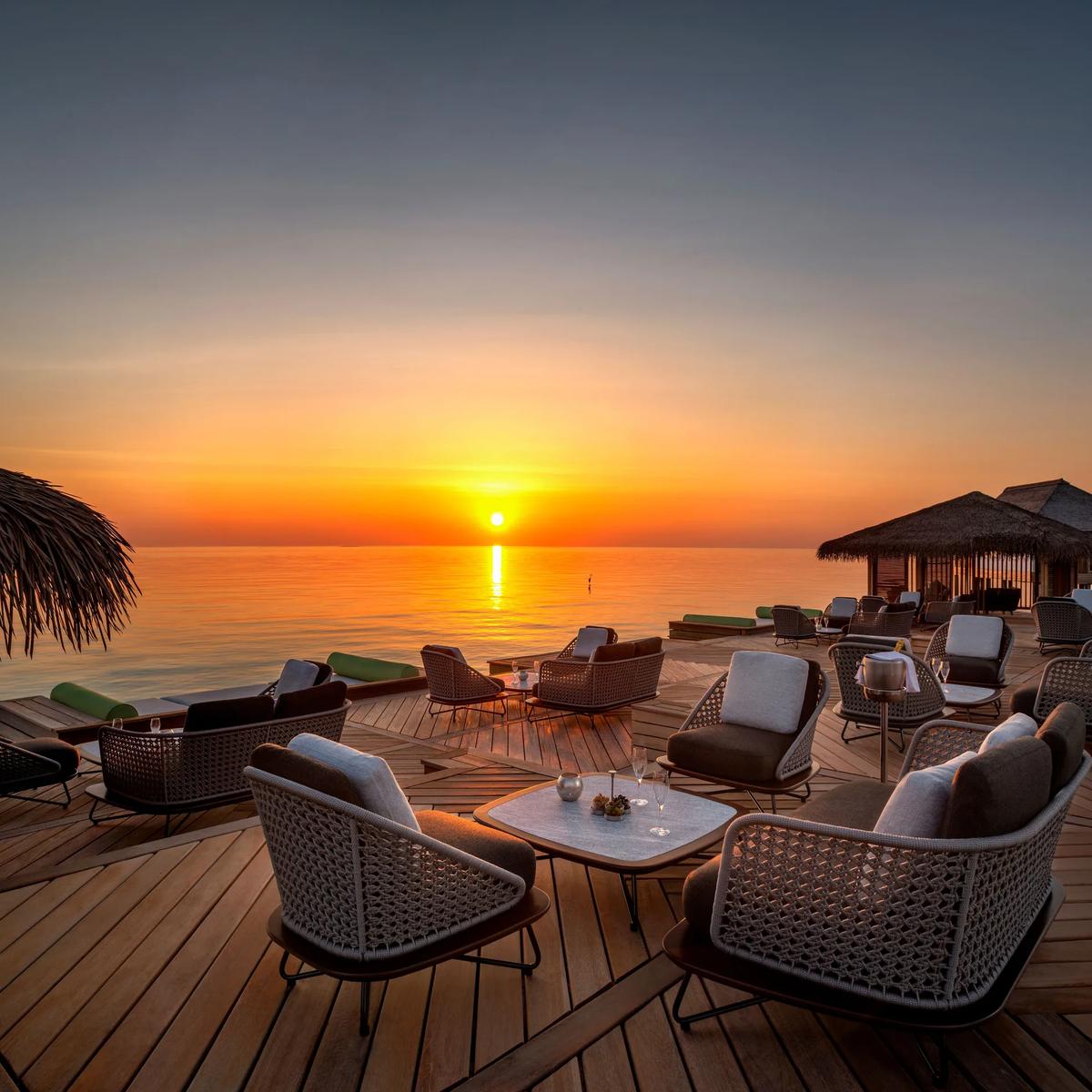 Amber's beachfront lounge at sunset, Waldorf Astoria Maldives Ithaafushi, facing the Indian Ocean