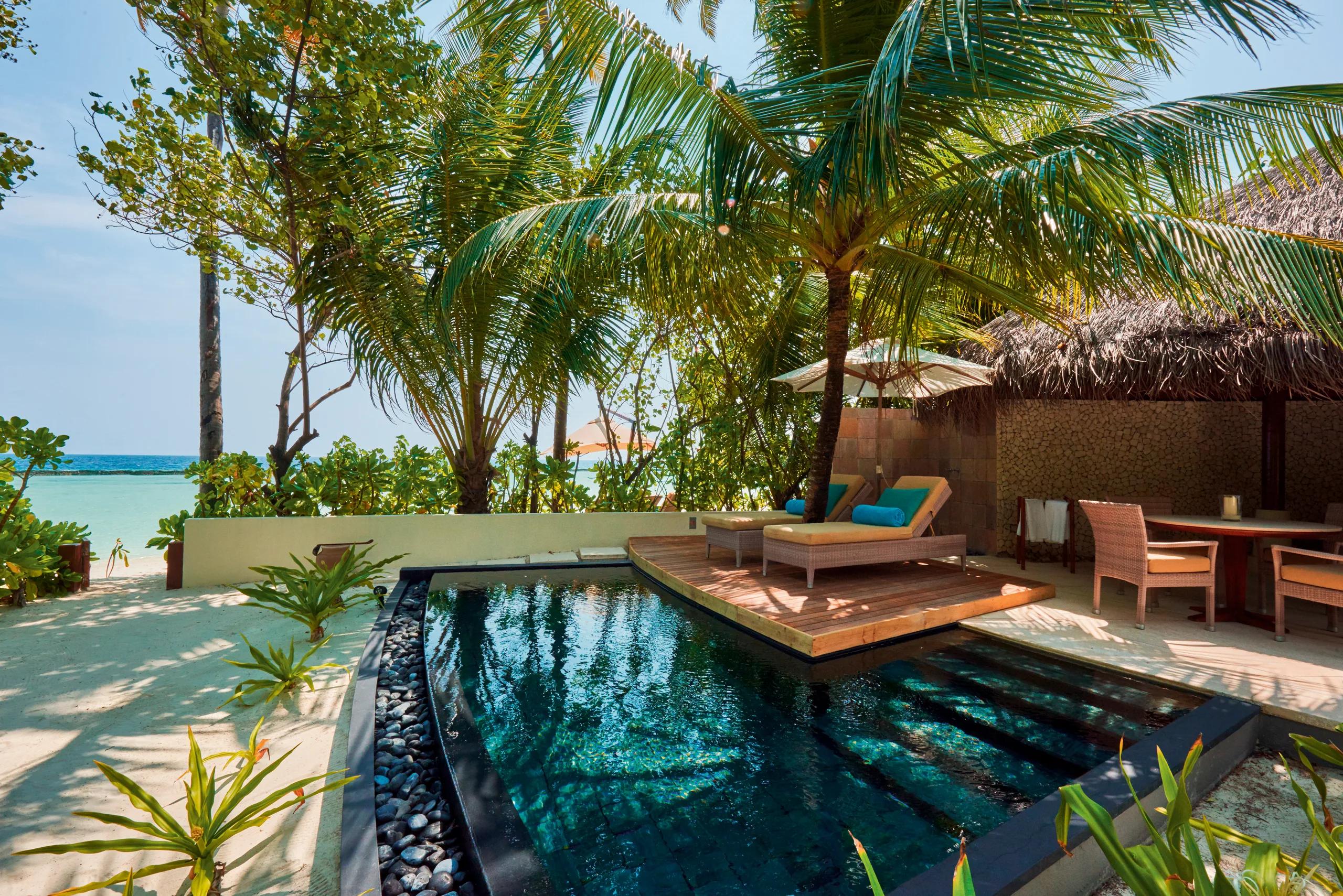 A Beach Villa's plunge pool and wooden sun deck, shaded by palm trees, with loungers, an umbrella, and an outdoor dining table set nearby, thatched roofline visible beyond