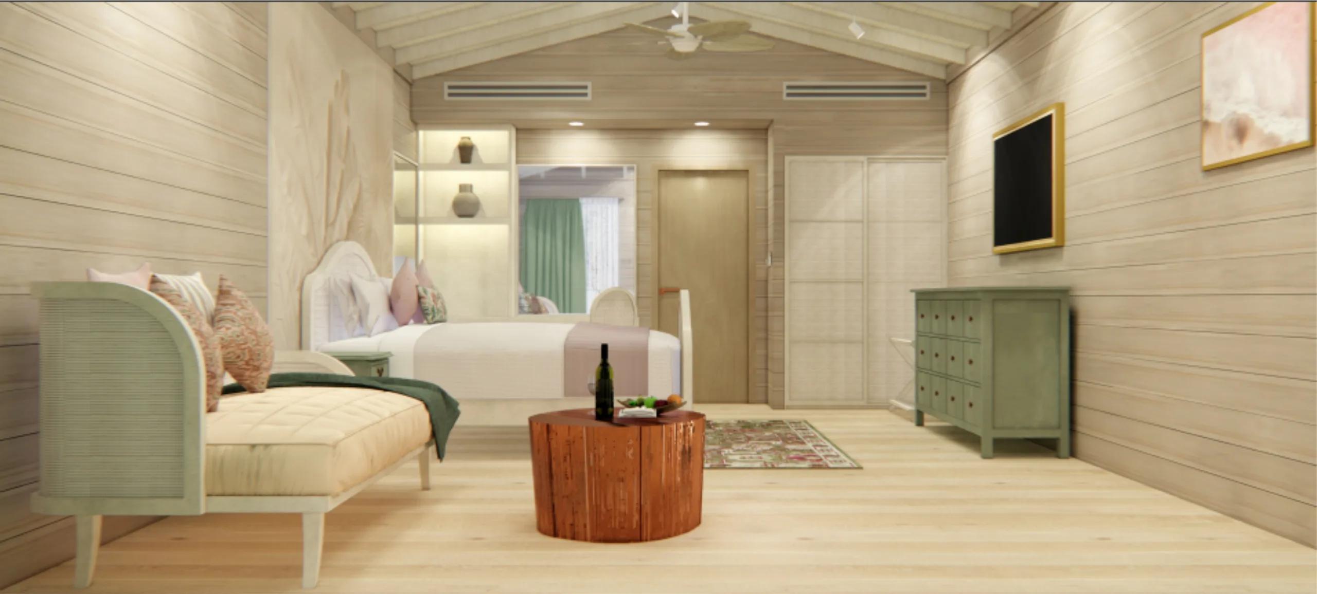 The bedroom interior of a Garden Villa at Bandos, with a daybed, dresser and a view through to the balcony