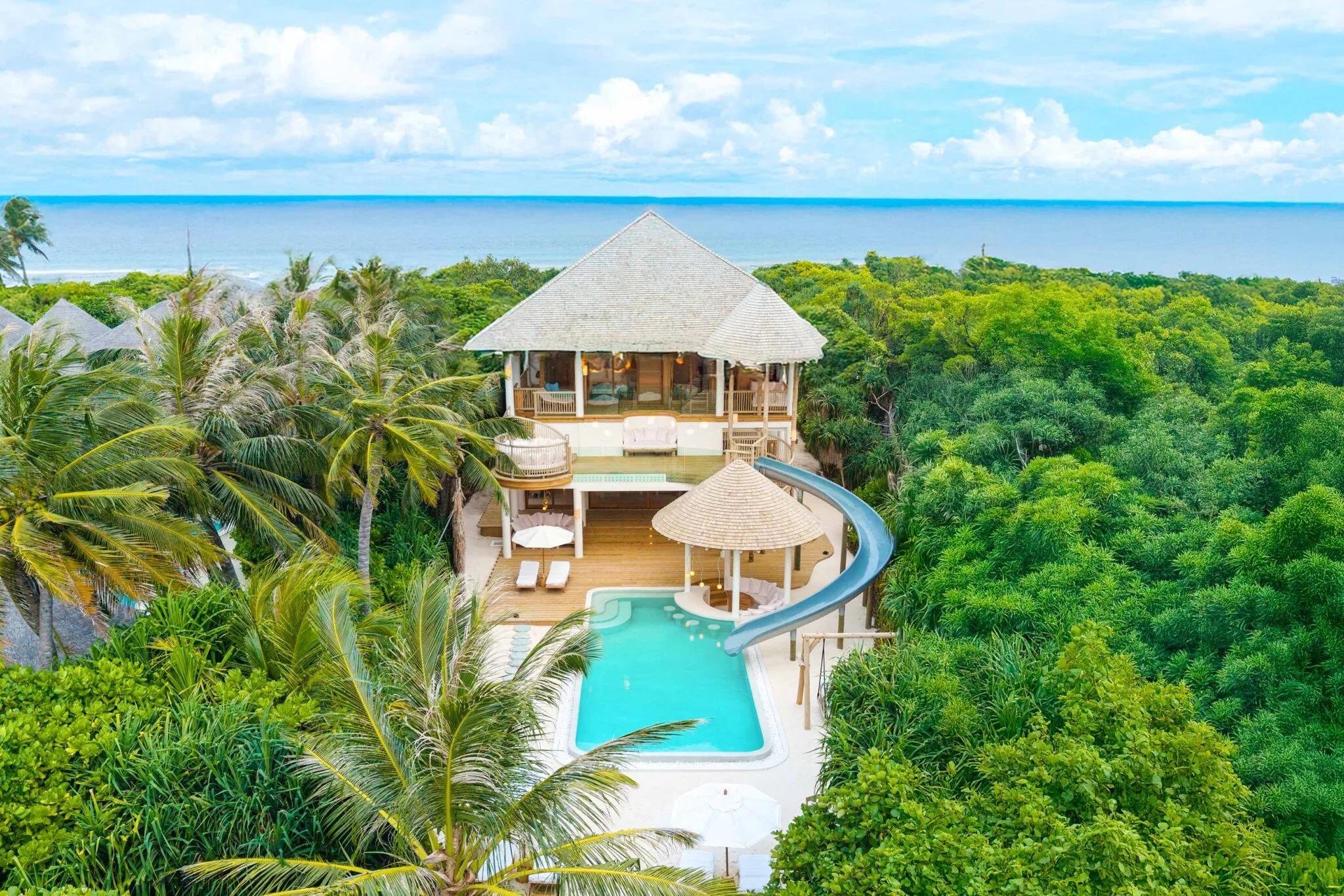 Aerial view of Villa 29, a three-bedroom Island Retreat villa at Soneva Jani