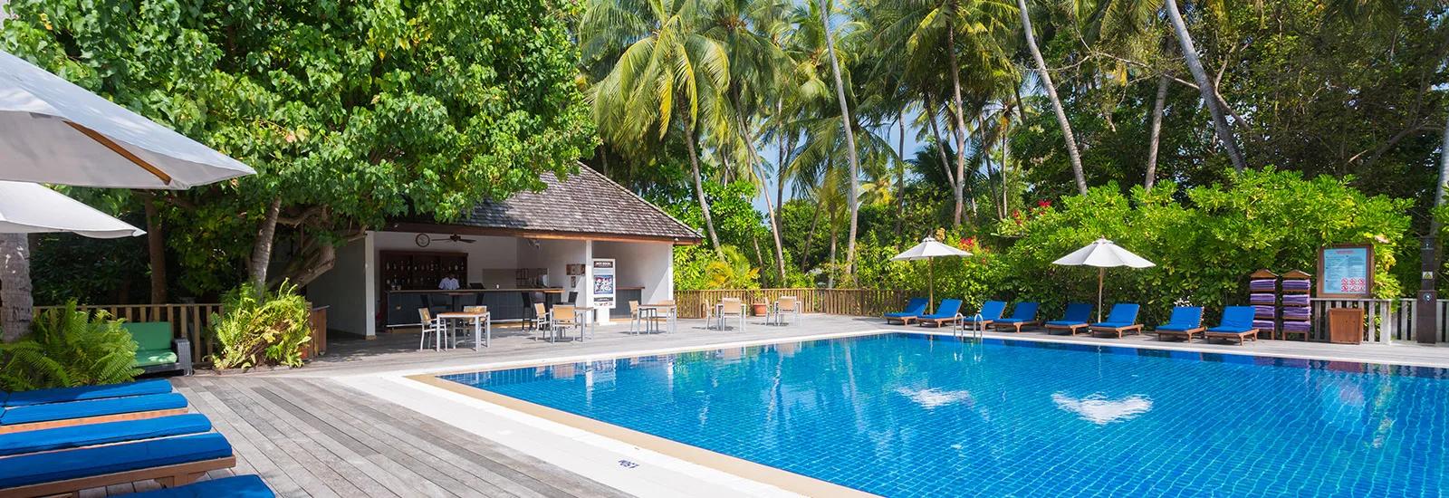 Boashi Café's poolside bar and lounge deck, beside the Boashi Pool