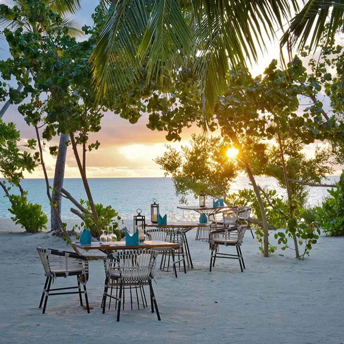 A private table set on the beach at sunset, glassware and lanterns laid among the trees