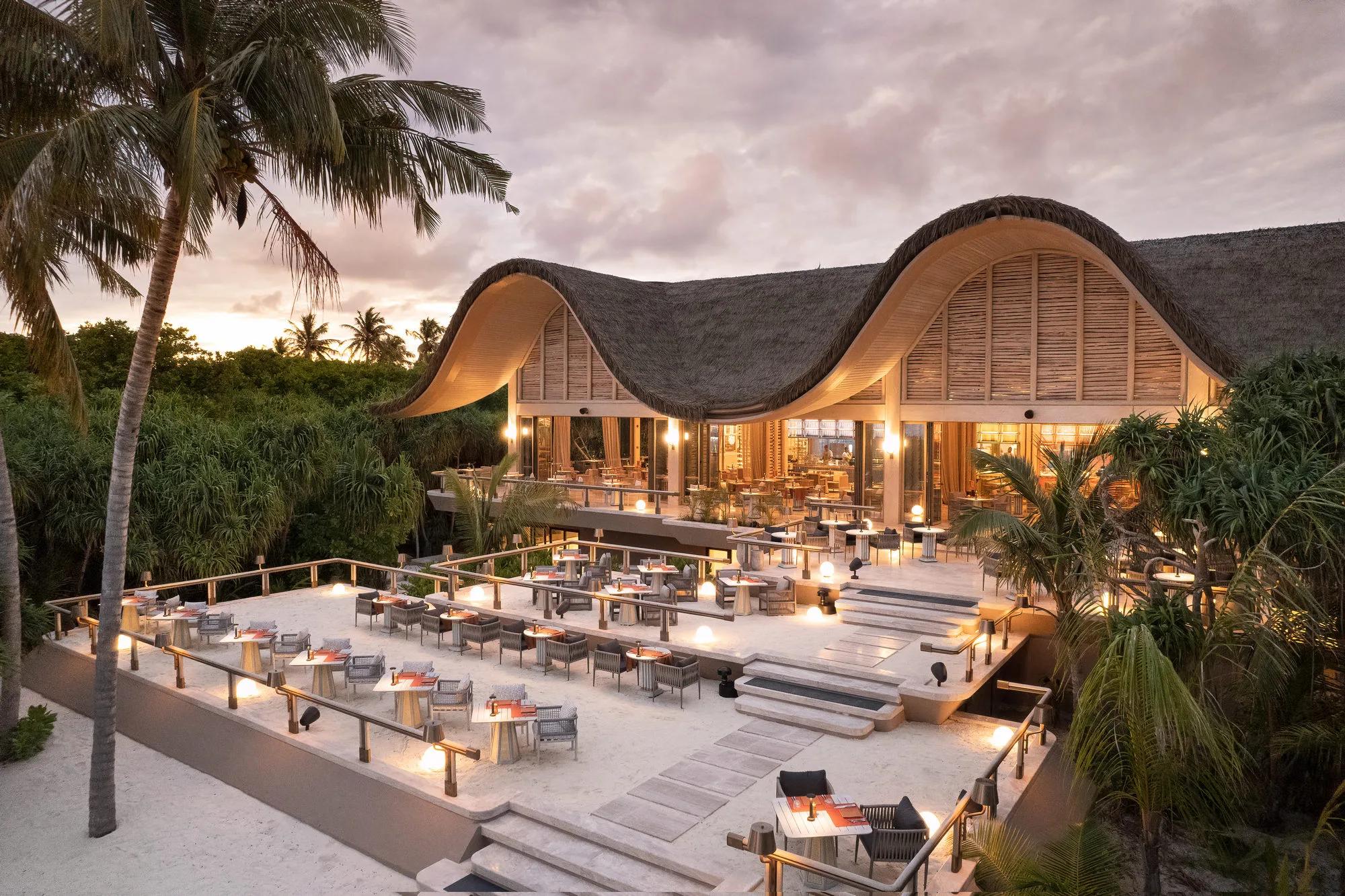 The open-air terrace of FLOW, Joali Being's Earth-to-Table restaurant