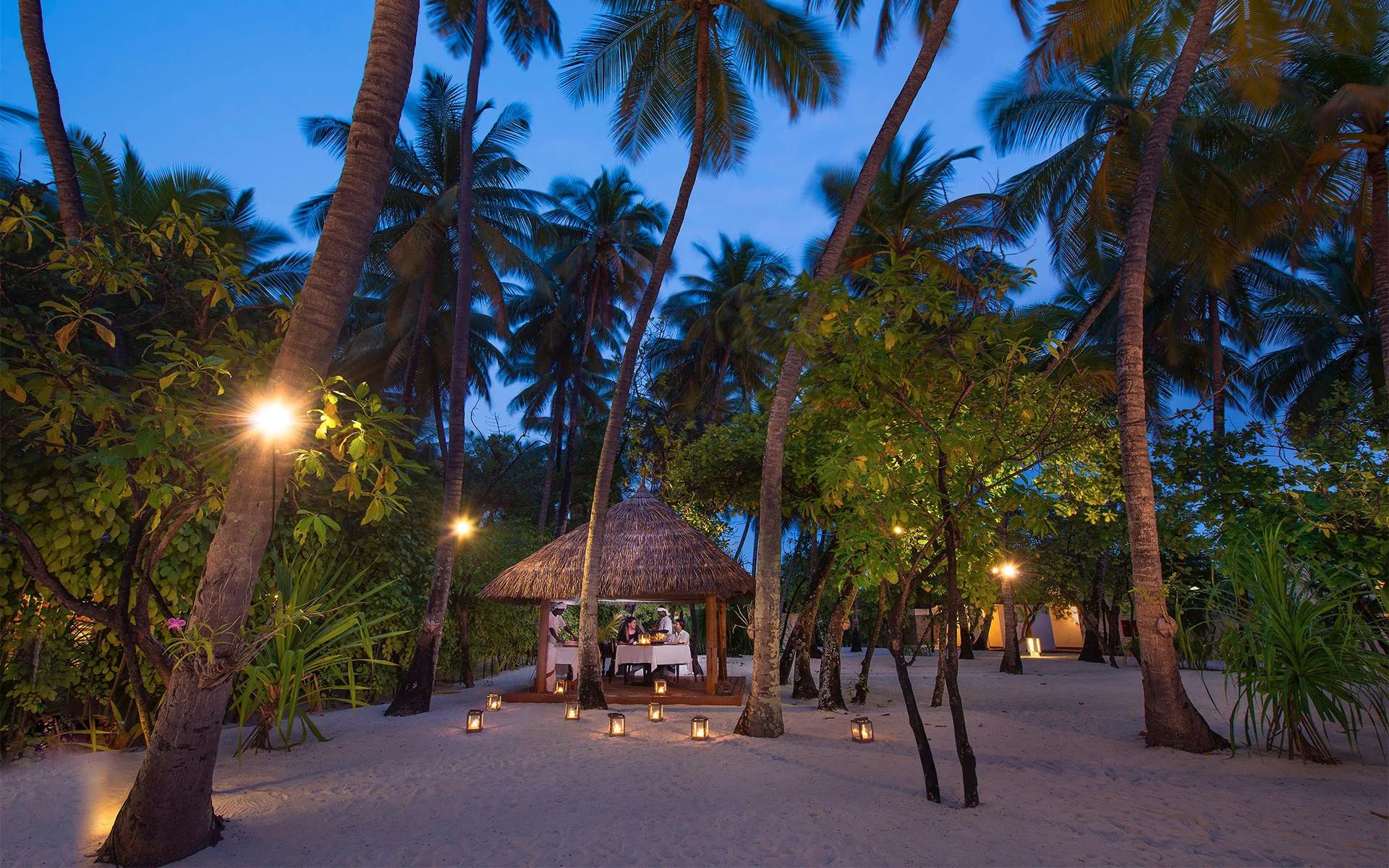 A lantern-lined path leads to a thatched garden pavilion set for dinner at Farivalhu, guests seated under palm trees at dusk