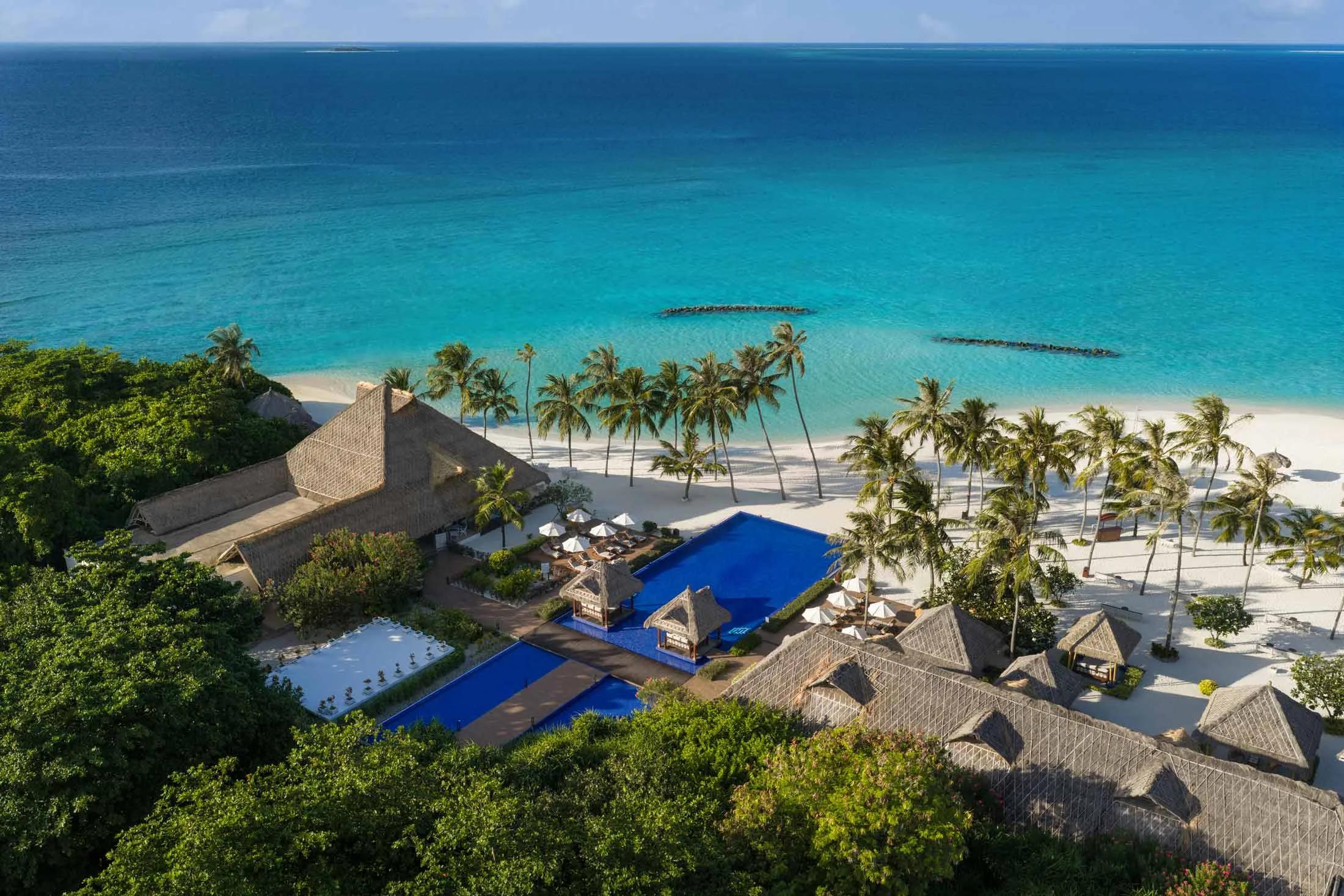 Emerald Maldives' private island and surrounding lagoon, seen from above