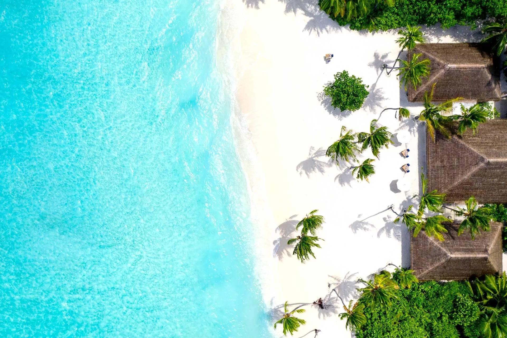 Directly overhead view of Baglioni Maldives' beach villas among palm trees, with the lagoon's turquoise shallows to the west