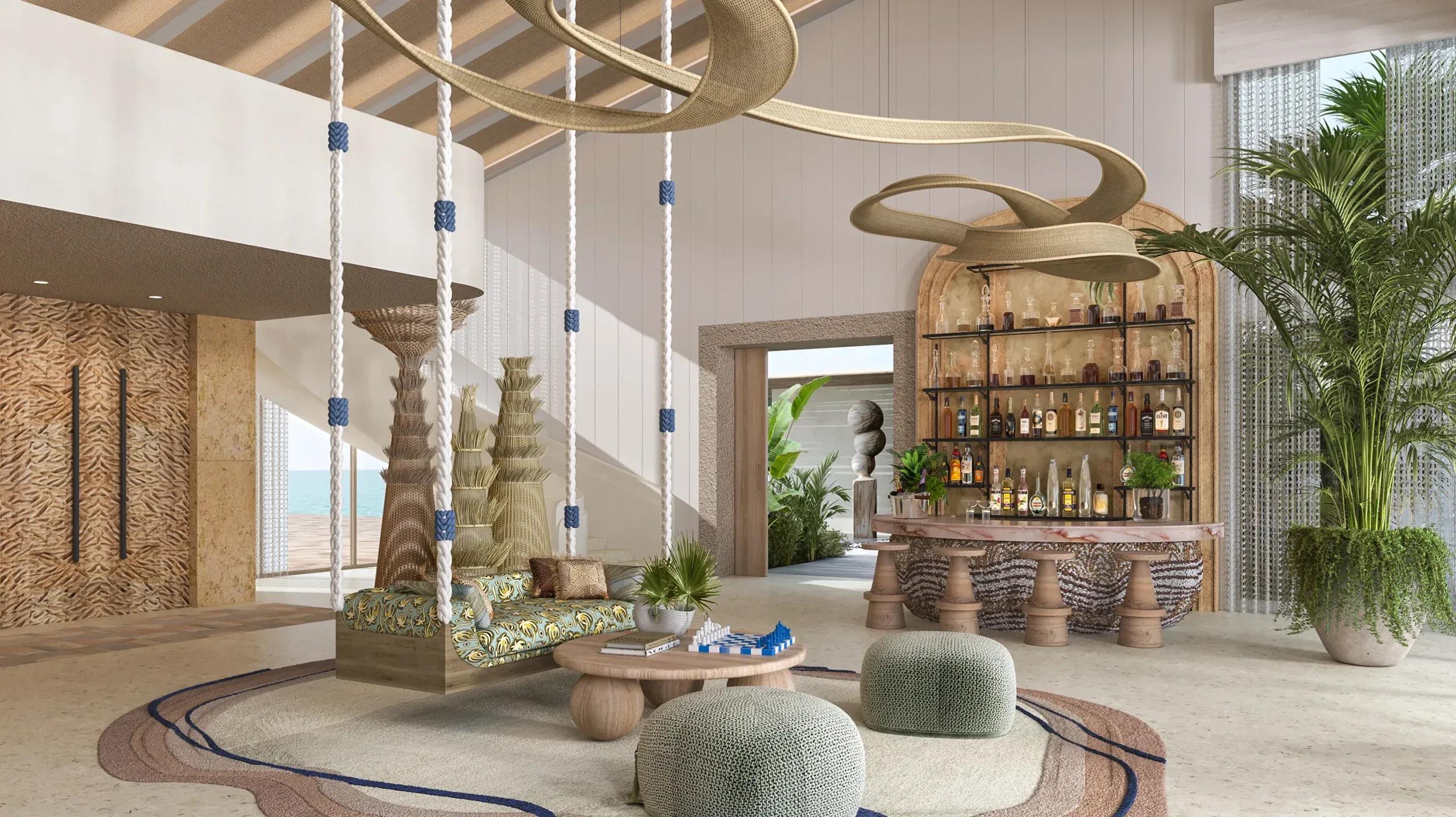 An interior view of the Presidential Residence at .Here, its living space opening onto the beach