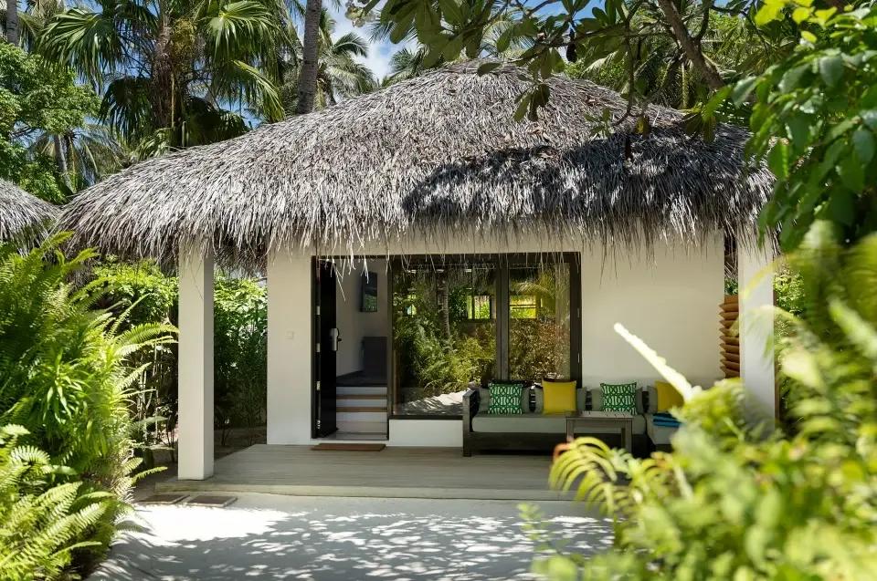 Deluxe Villa's thatched-roof exterior and garden lounge, framed by palms