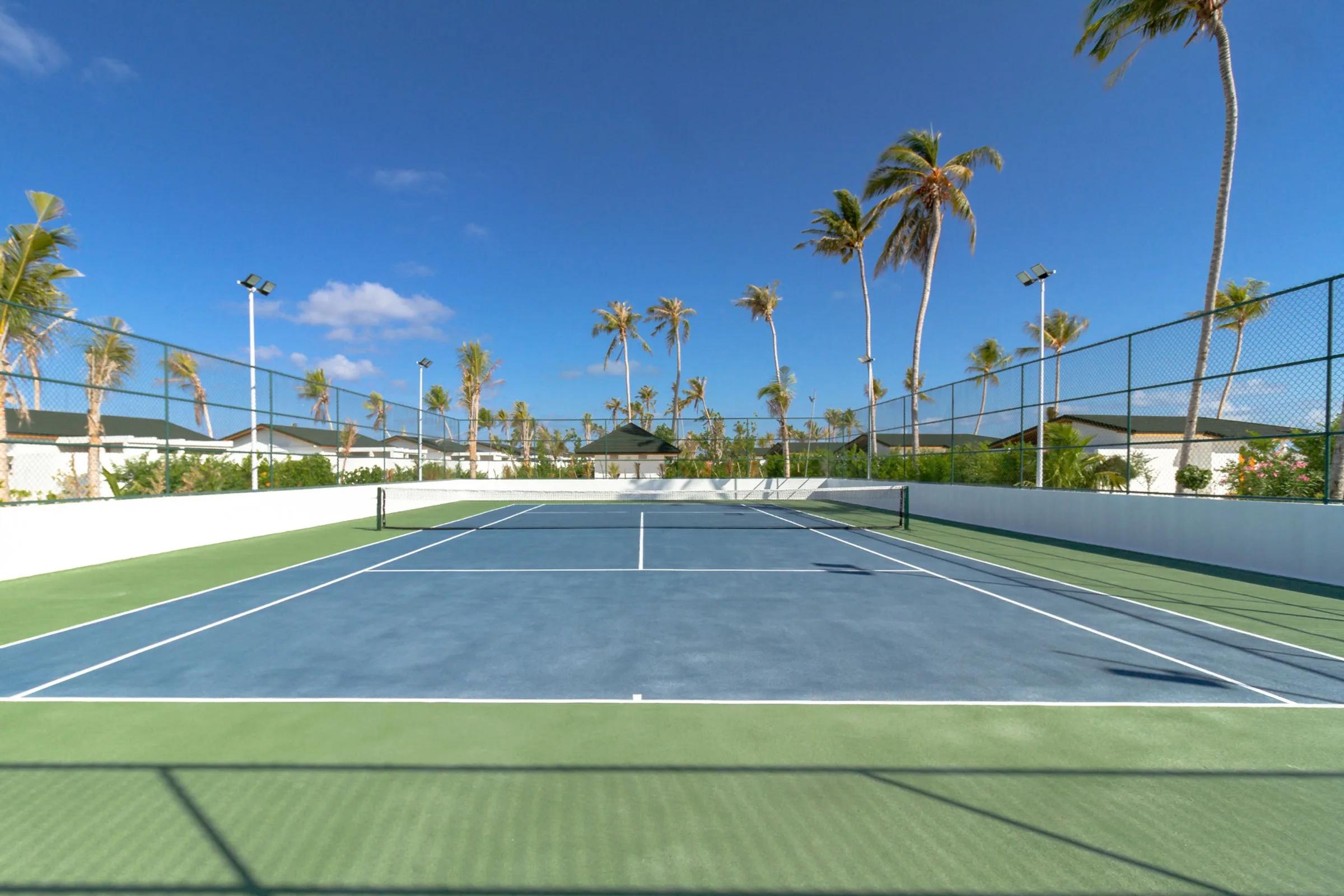 An empty tennis court fenced in green and blue, palm trees and villa rooftops beyond