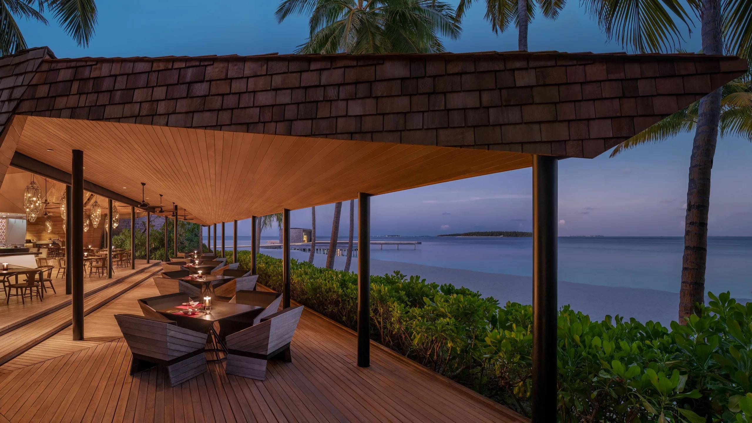 The open-air, origami-inspired dining space of Orientale on the beachfront