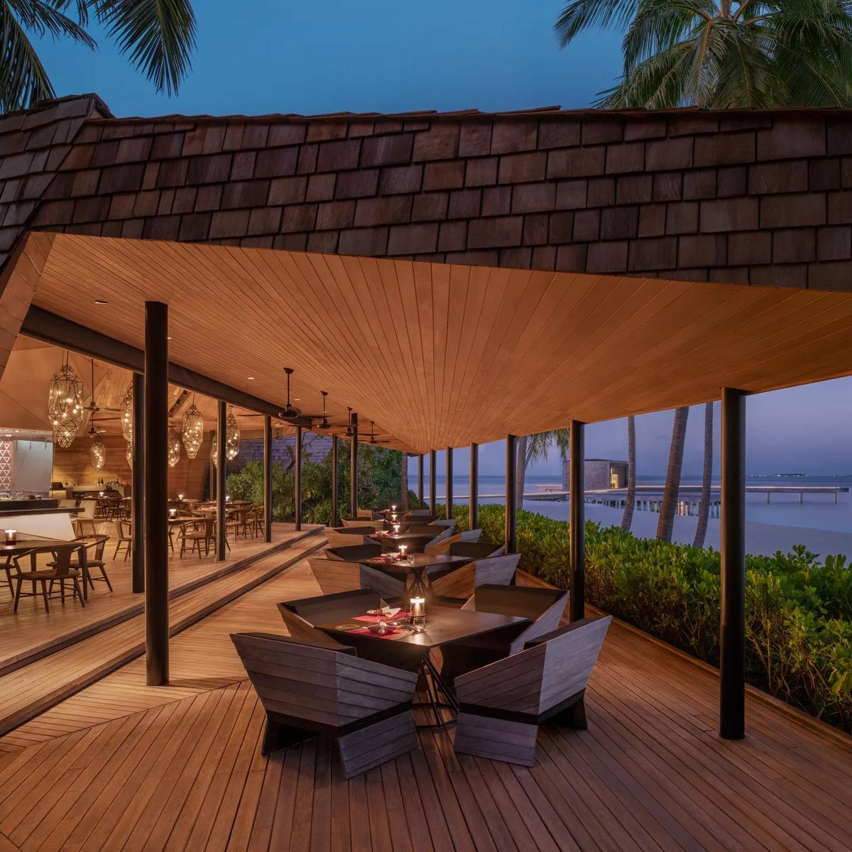 The open-air, origami-inspired dining space of Orientale on the beachfront