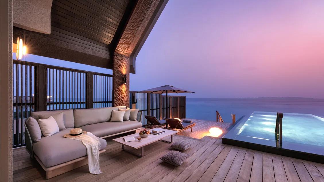 Sundeck view at sunset from a Sunset Ocean Pool Villa at Joali Being — Sunset Grand Ocean Pool Villa has no dedicated published photo, so its closest sibling category stands in here