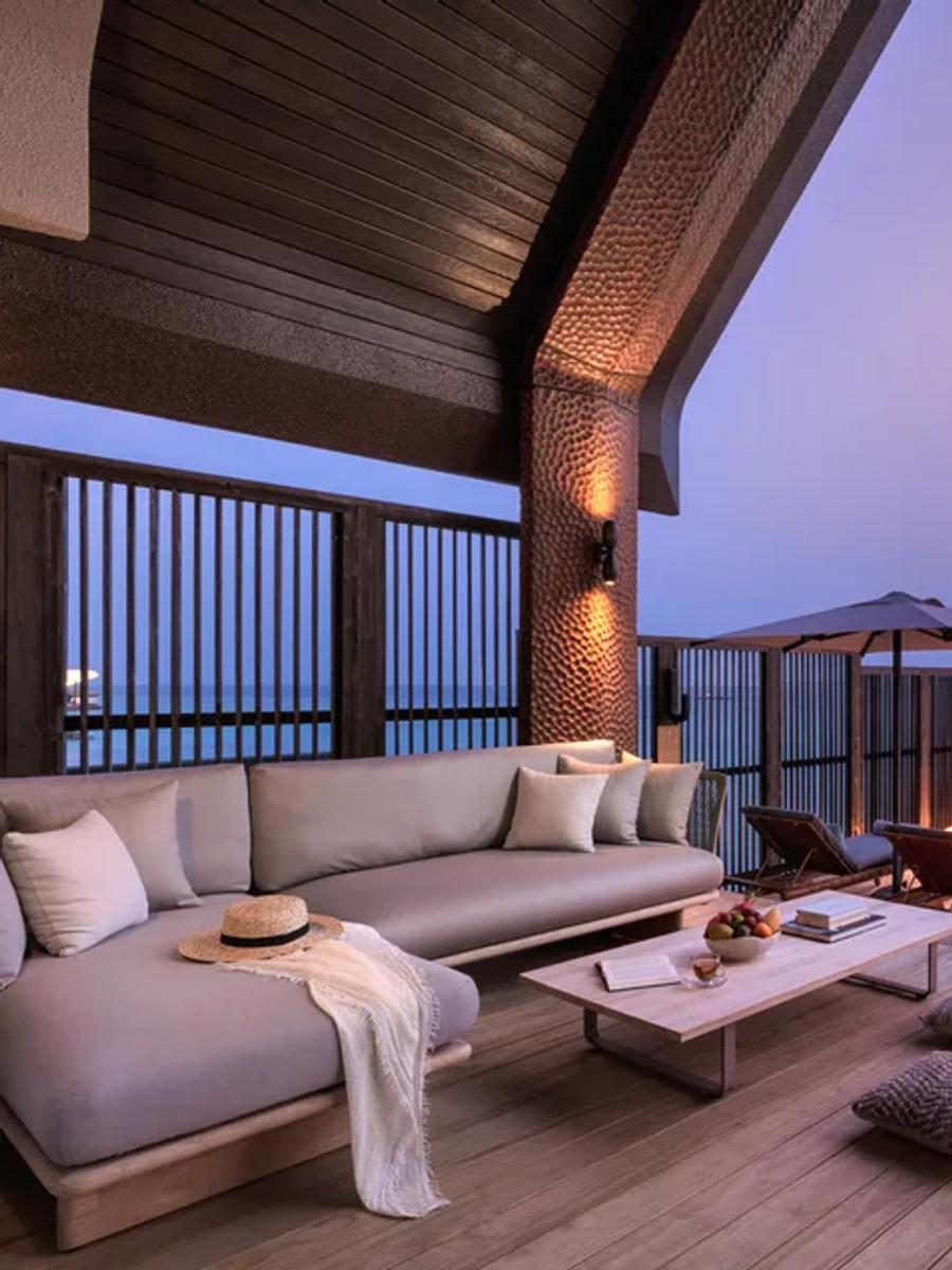 Sundeck view at sunset from a Sunset Ocean Pool Villa at Joali Being — Sunset Grand Ocean Pool Villa has no dedicated published photo, so its closest sibling category stands in here