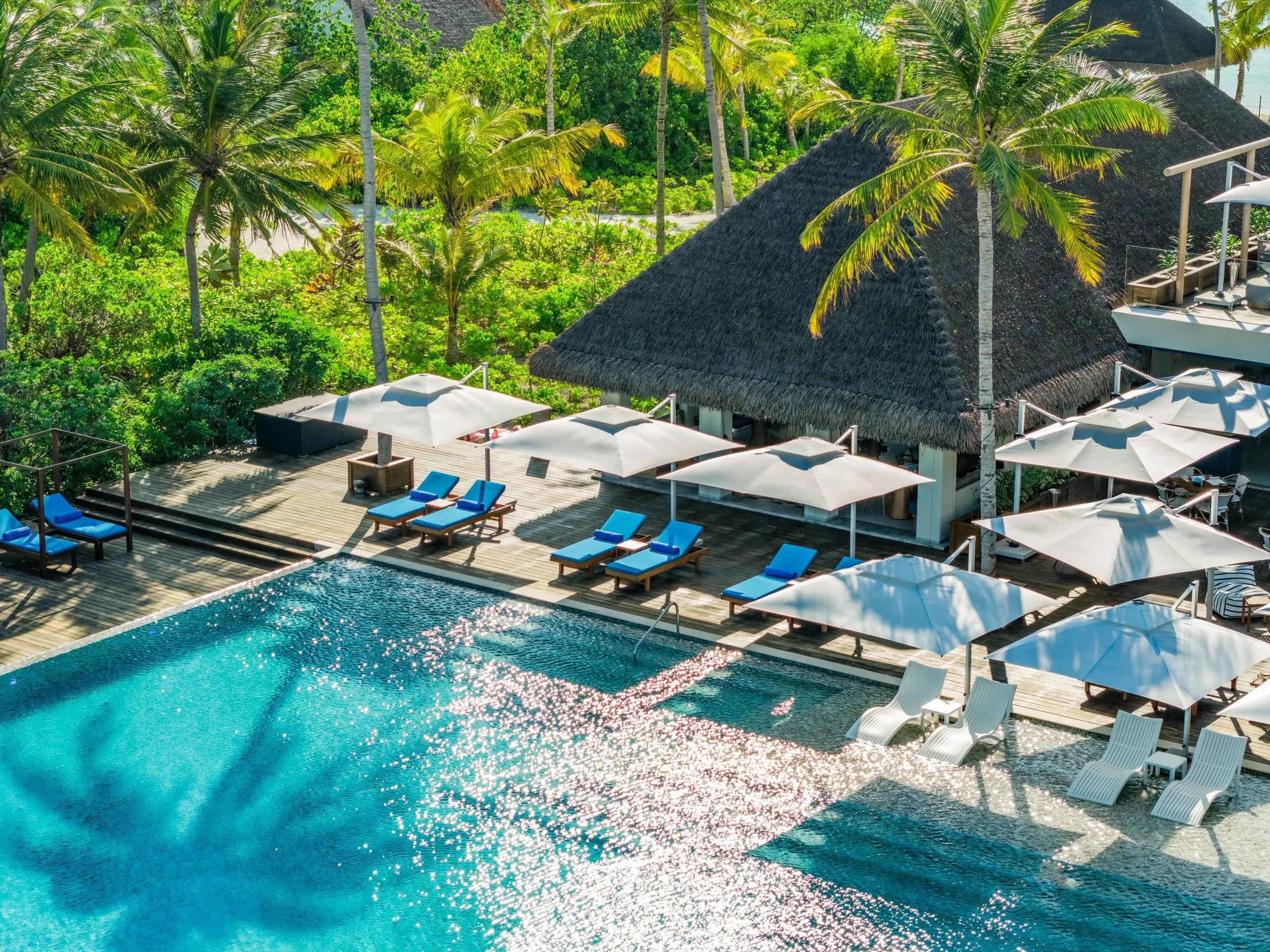 MIDI's beach and rooftop dining area at dusitD2 Feydhoo Maldives, seen from above