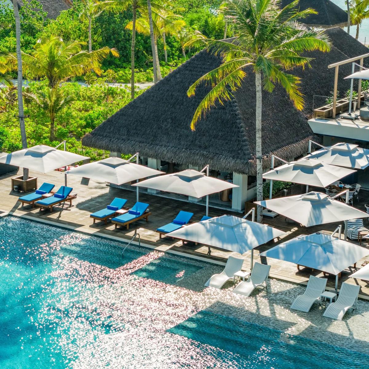 MIDI's beach and rooftop dining area at dusitD2 Feydhoo Maldives, seen from above