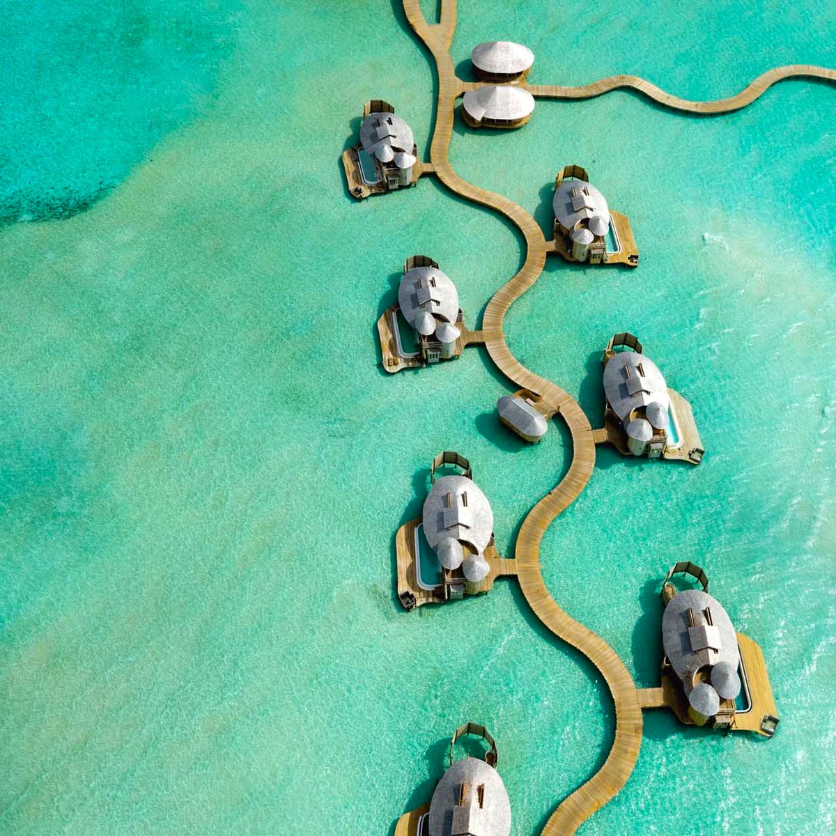 Soneva Jani Maldives overwater villas aerial view in Noonu Atoll