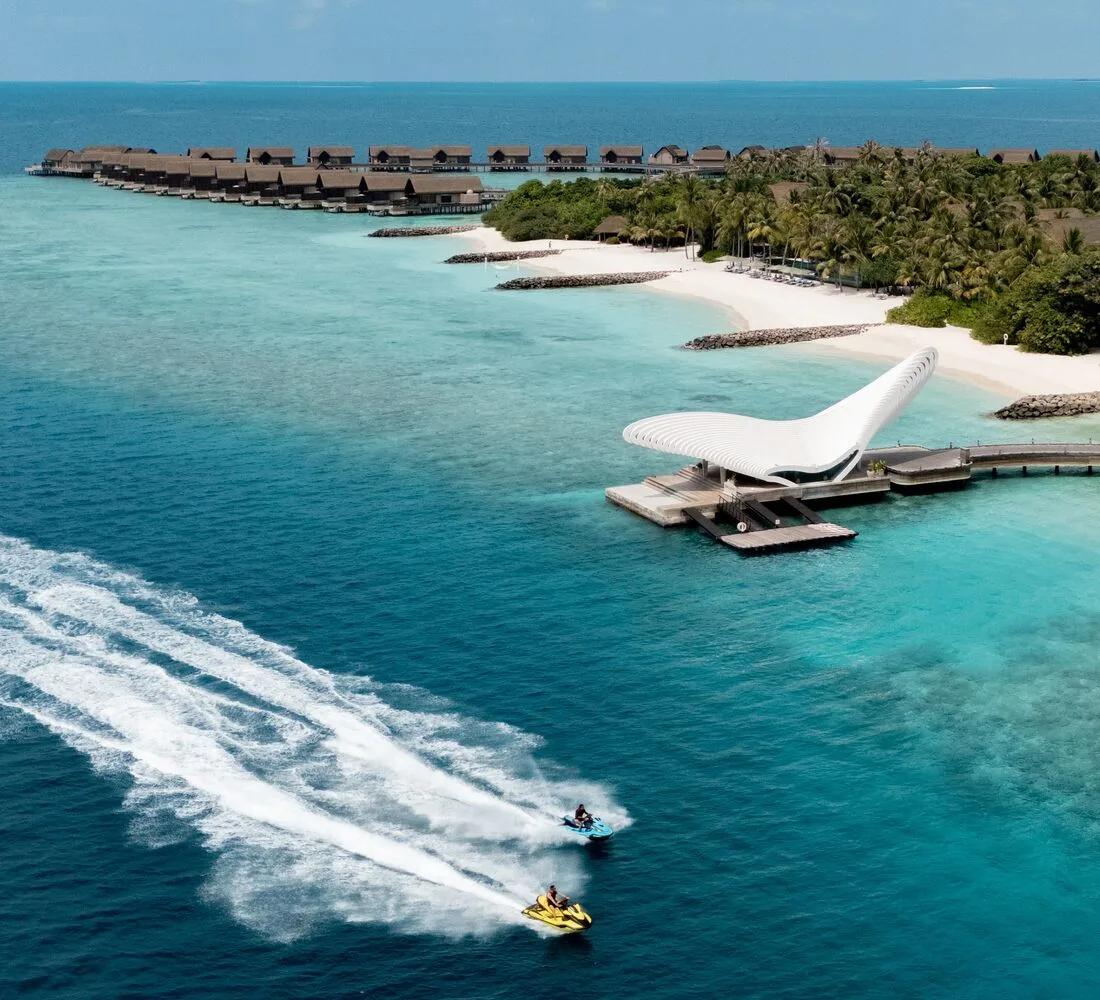 A jet ski excursion from Joali Being's Marine Centre, passing the Gate of Zero