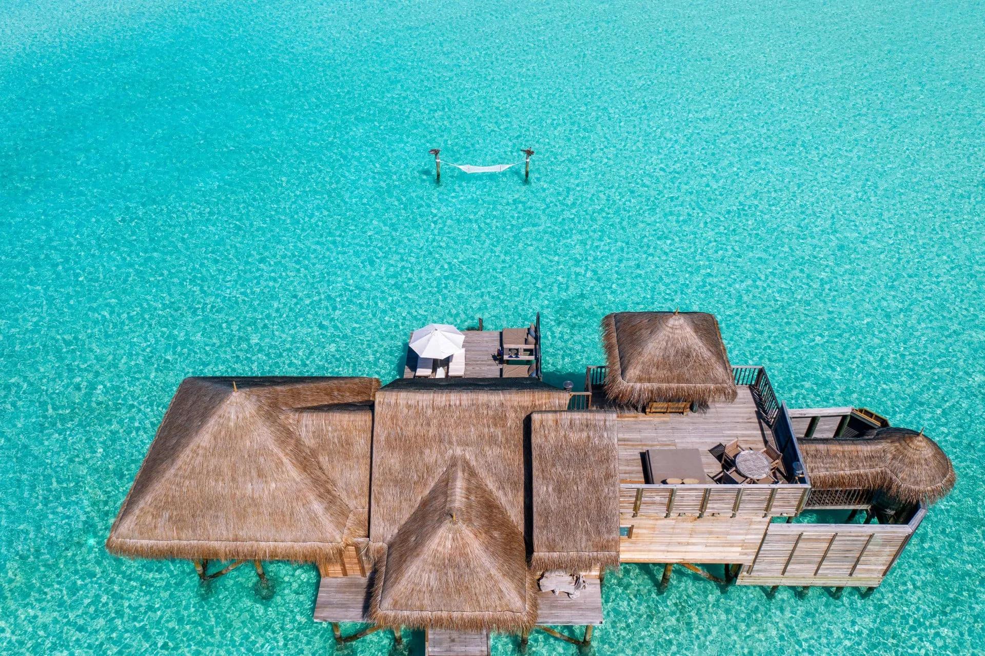 Aerial view of a Gili Lagoon Residence and the surrounding lagoon at Gili Lankanfushi