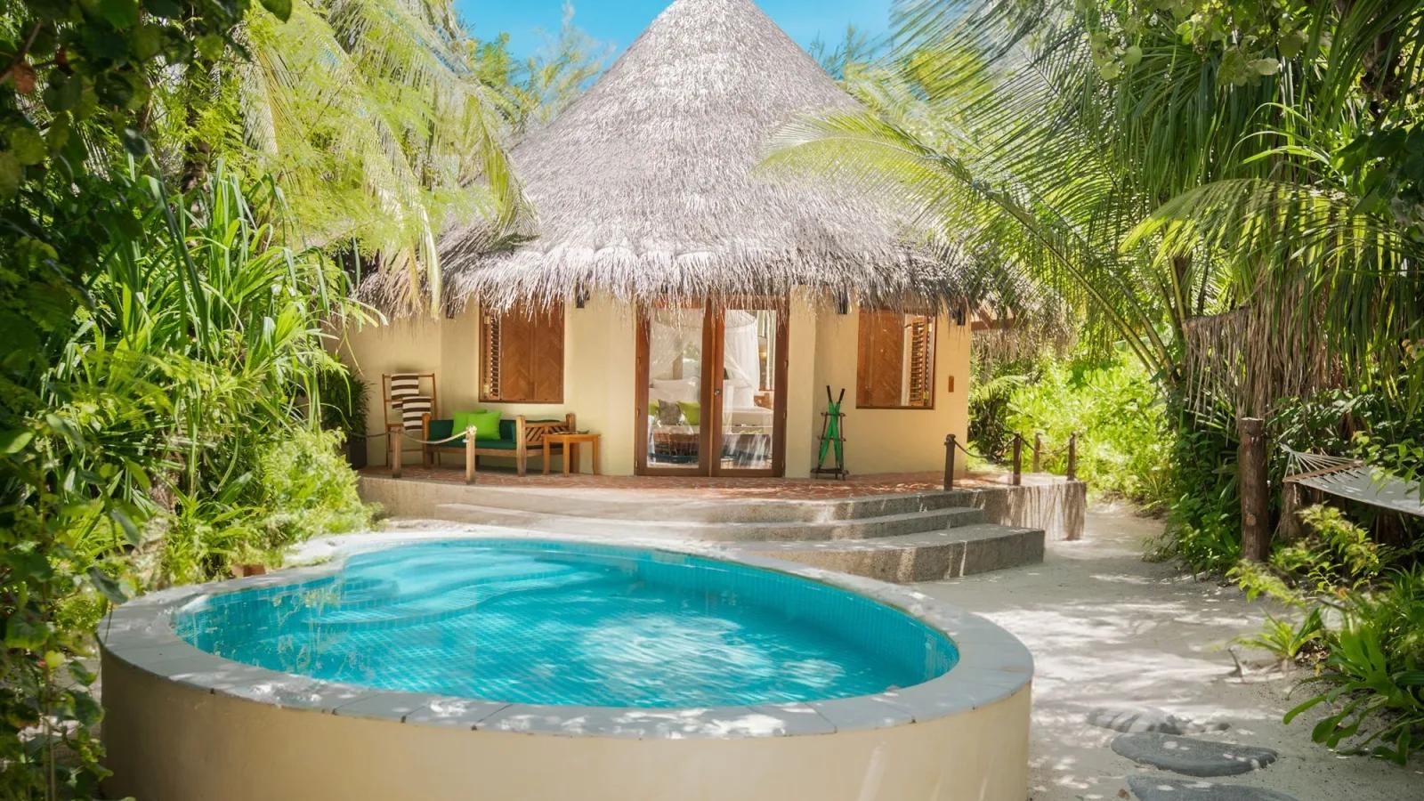 A round private plunge pool on a garden villa's terrace, thatched roof and palm trees overhead