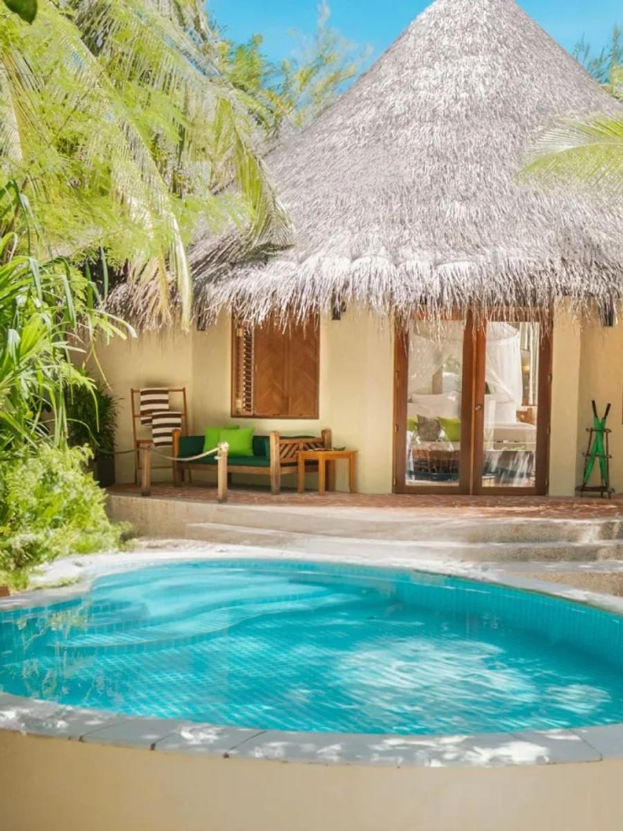 A round private plunge pool on a garden villa's terrace, thatched roof and palm trees overhead