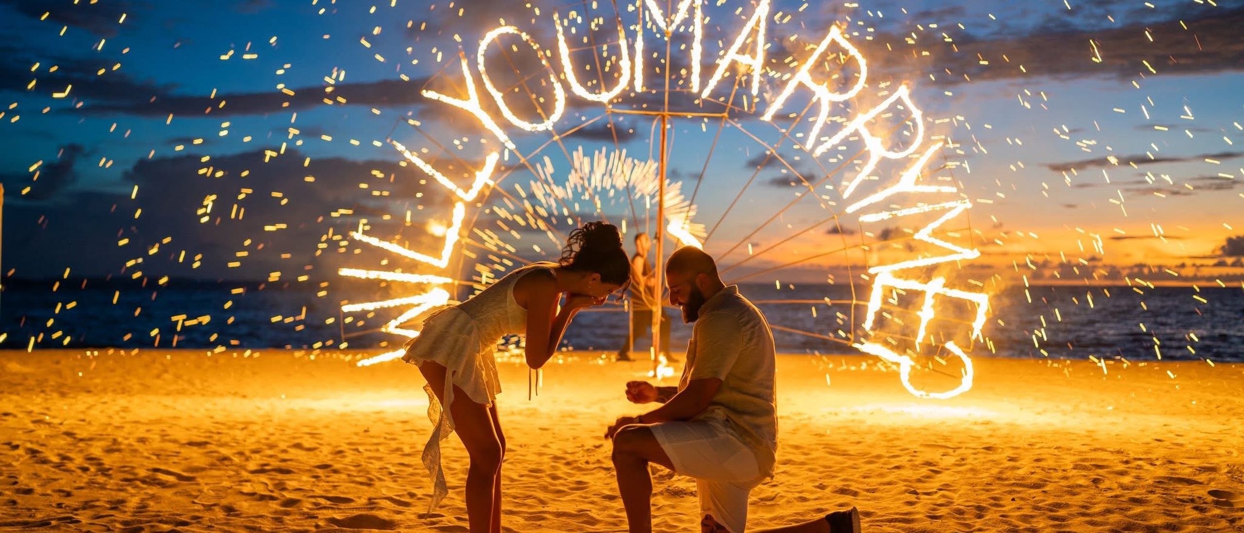 Romantic Maldives overwater villa at sunset for honeymooners