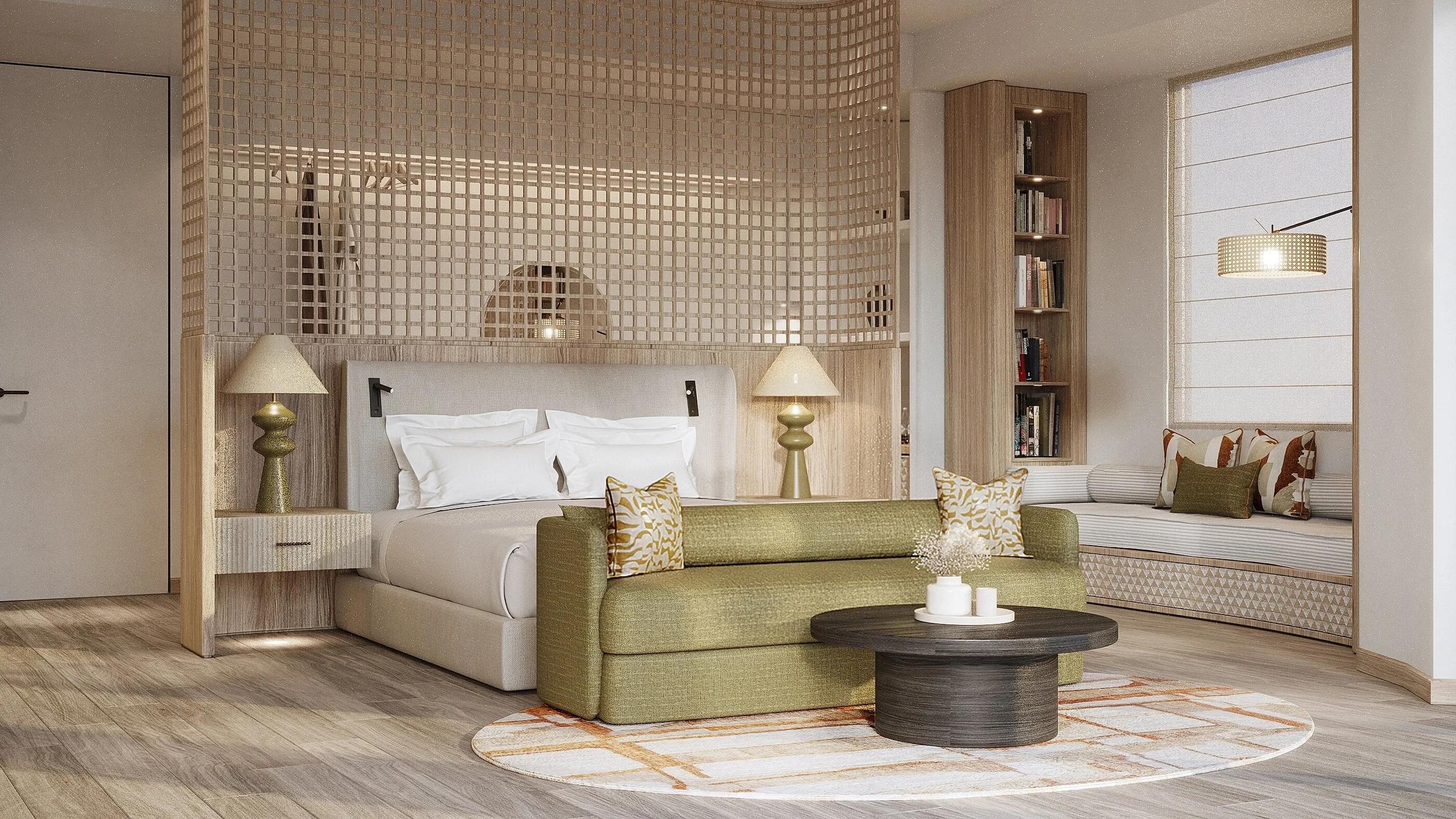 A bedroom lounge nook in a Three Bedroom Sunset Water Retreat, with a woven screen, bookshelf and daybed