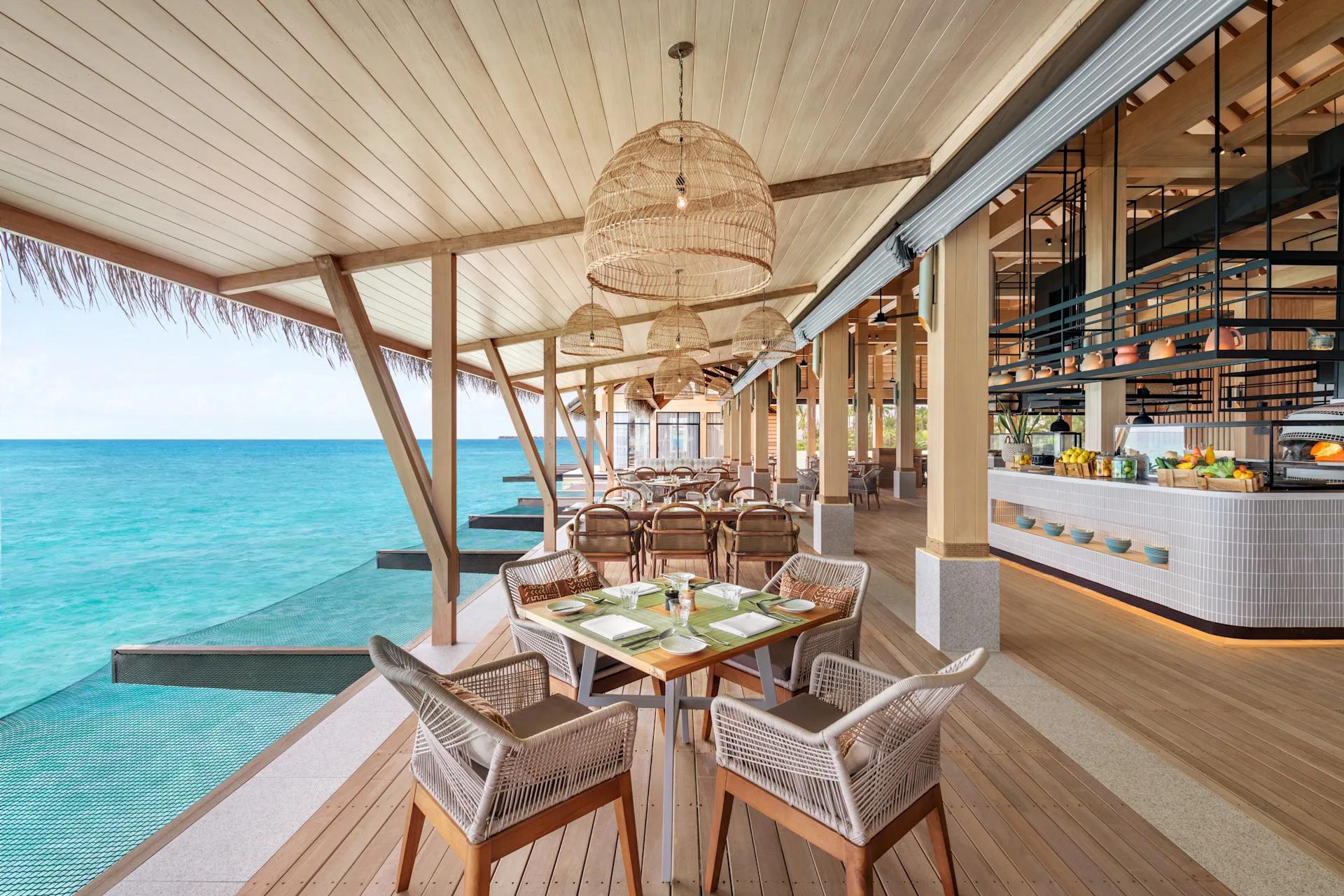 The interior of Habitat, the resort's high-ceilinged, open-kitchen restaurant