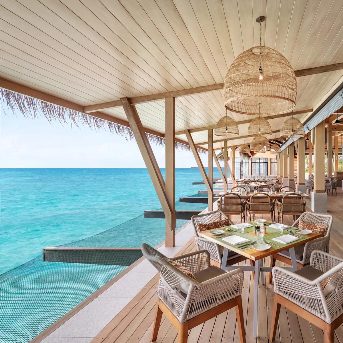 The interior of Habitat, the resort's high-ceilinged, open-kitchen restaurant