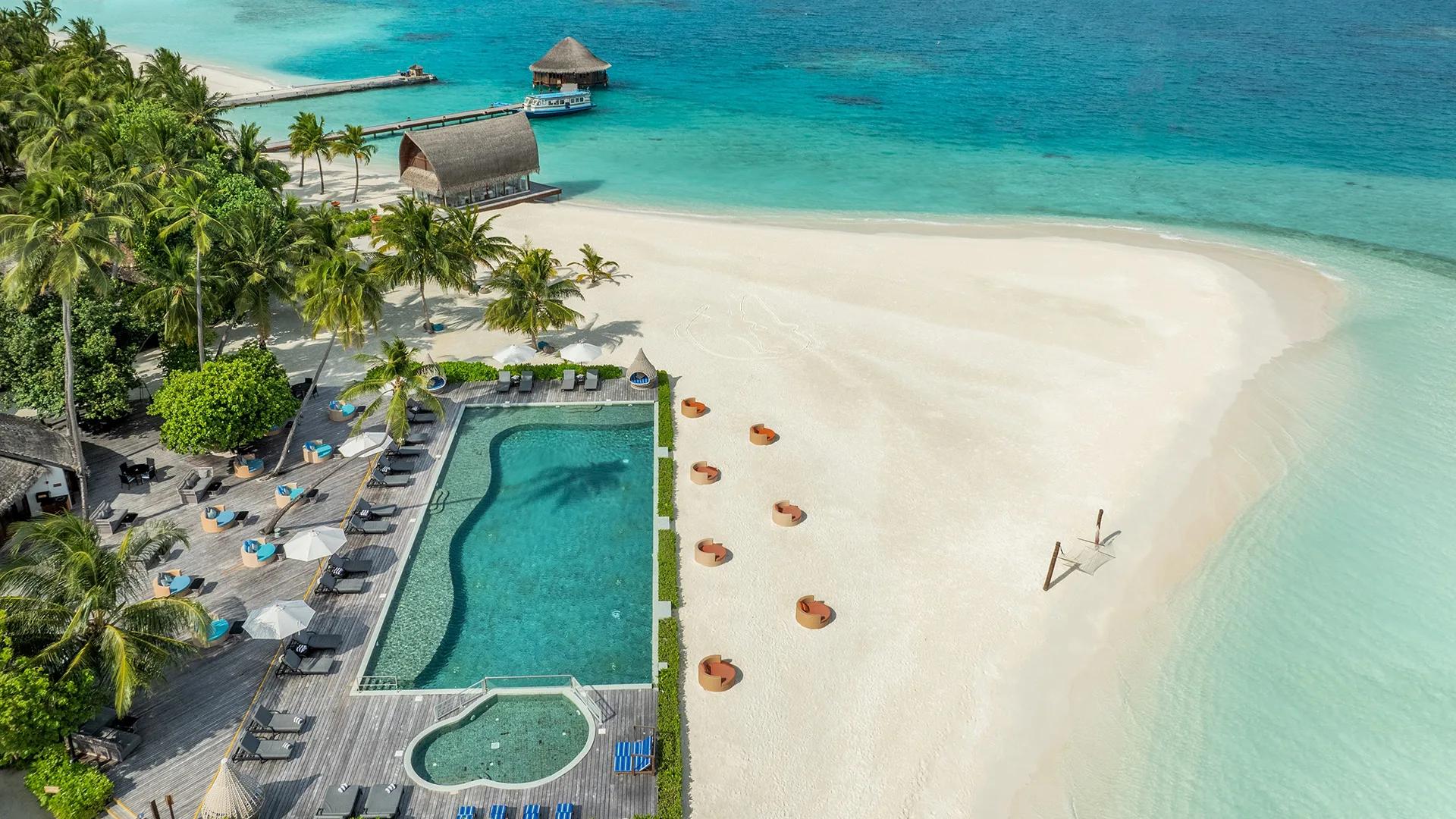 Aerial view of the Kuredhi Pool Bar and Beach Pavilion at Angsana Velavaru