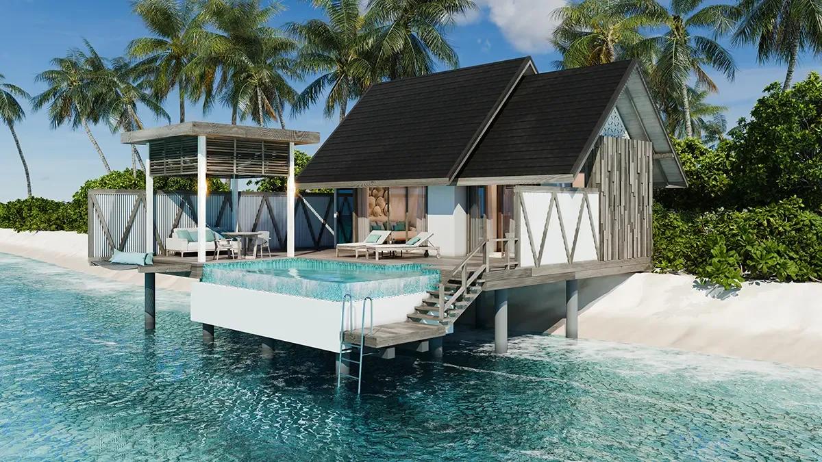 A Semi-Ocean Pool Villa's terrace and plunge pool overlooking the lagoon
