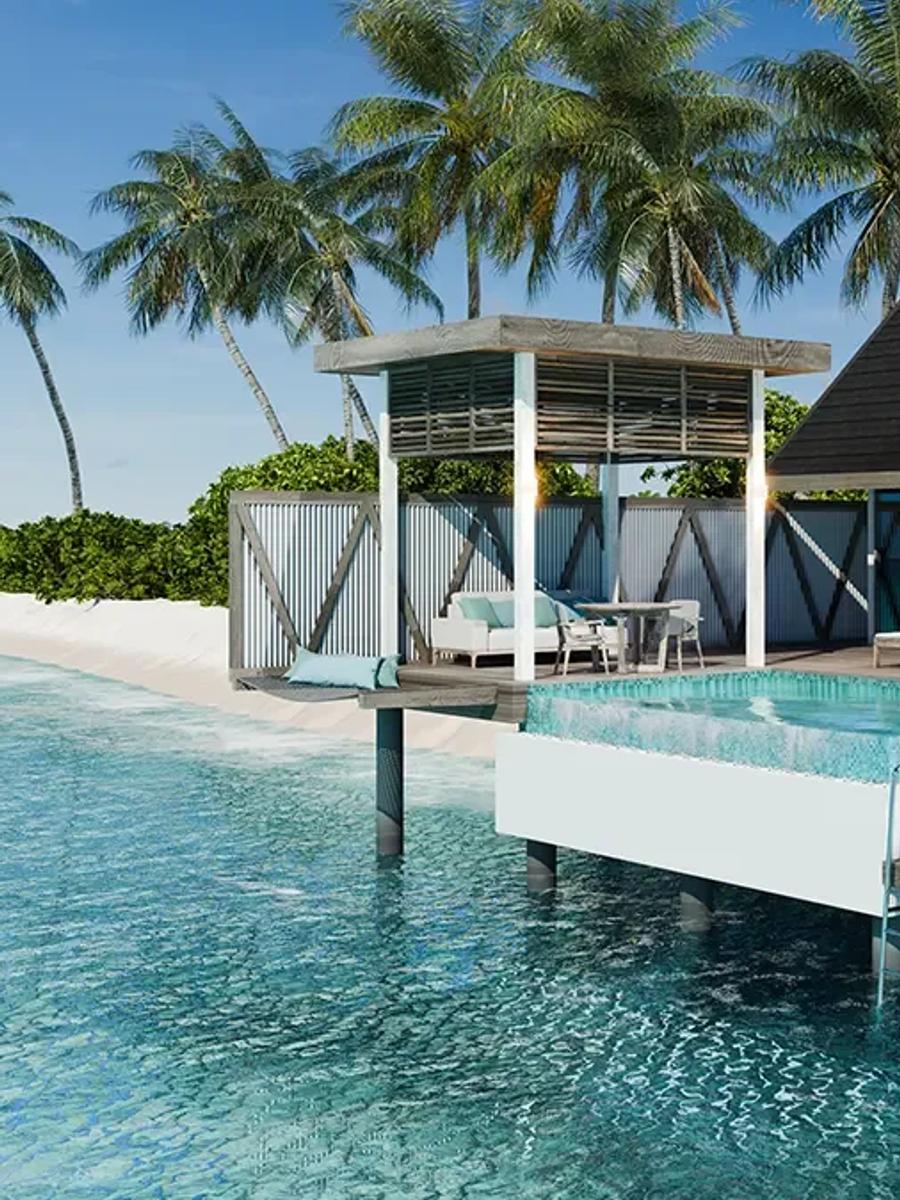 A Semi-Ocean Pool Villa's terrace and plunge pool overlooking the lagoon