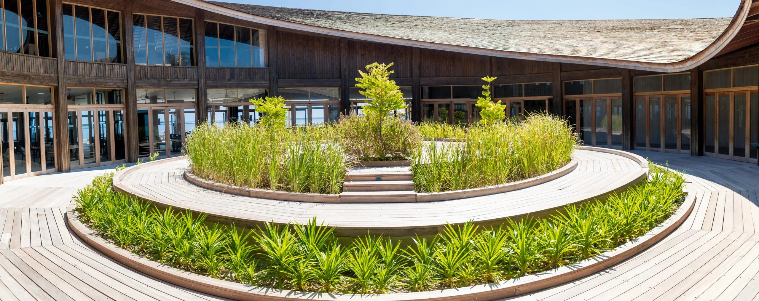 Noo Faru's circular garden courtyard, ornamental grasses ringed by timber decking beneath the restaurant's curved shingled roof