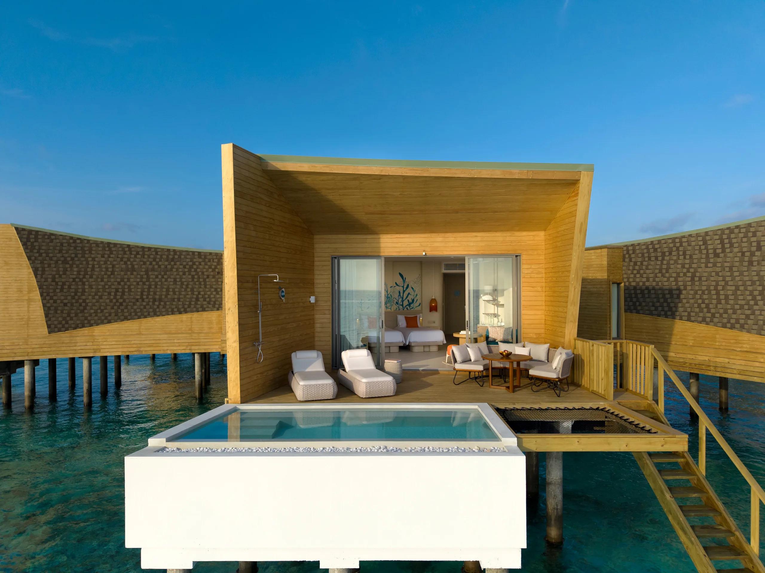 A Mirage Overwater Sunset Pool Villa with its private pool over the lagoon