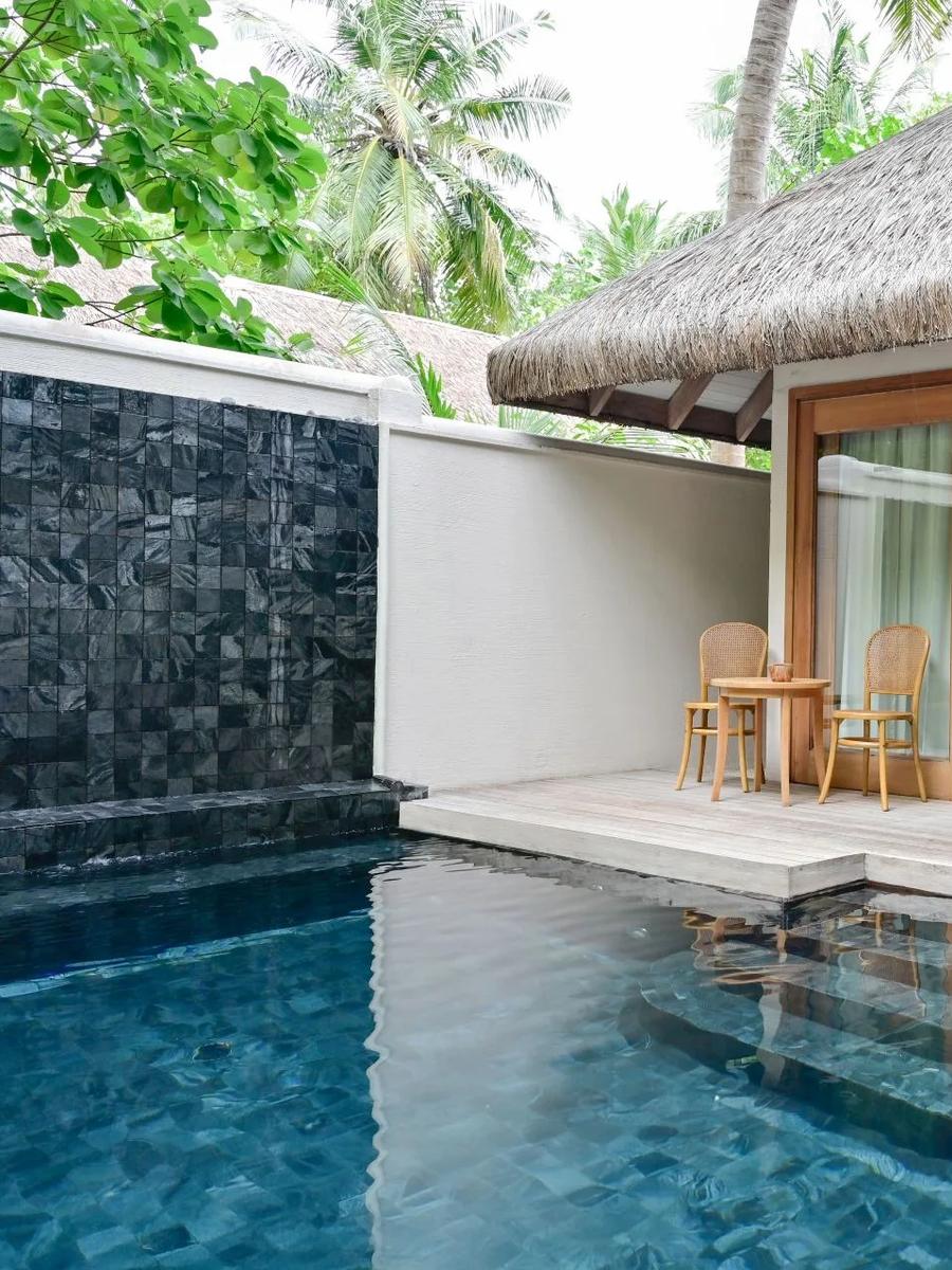 Private plunge pool of the Grand Premier Beach Villa with Pool, black-tiled wall and bedroom visible through open doors