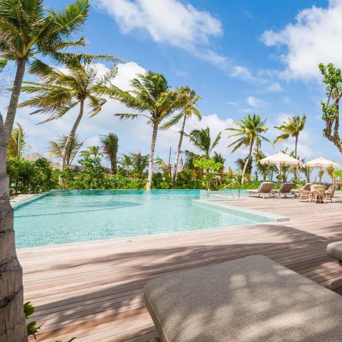 Paradise Beach Club's infinity pool and sun loungers on the edge of North Island