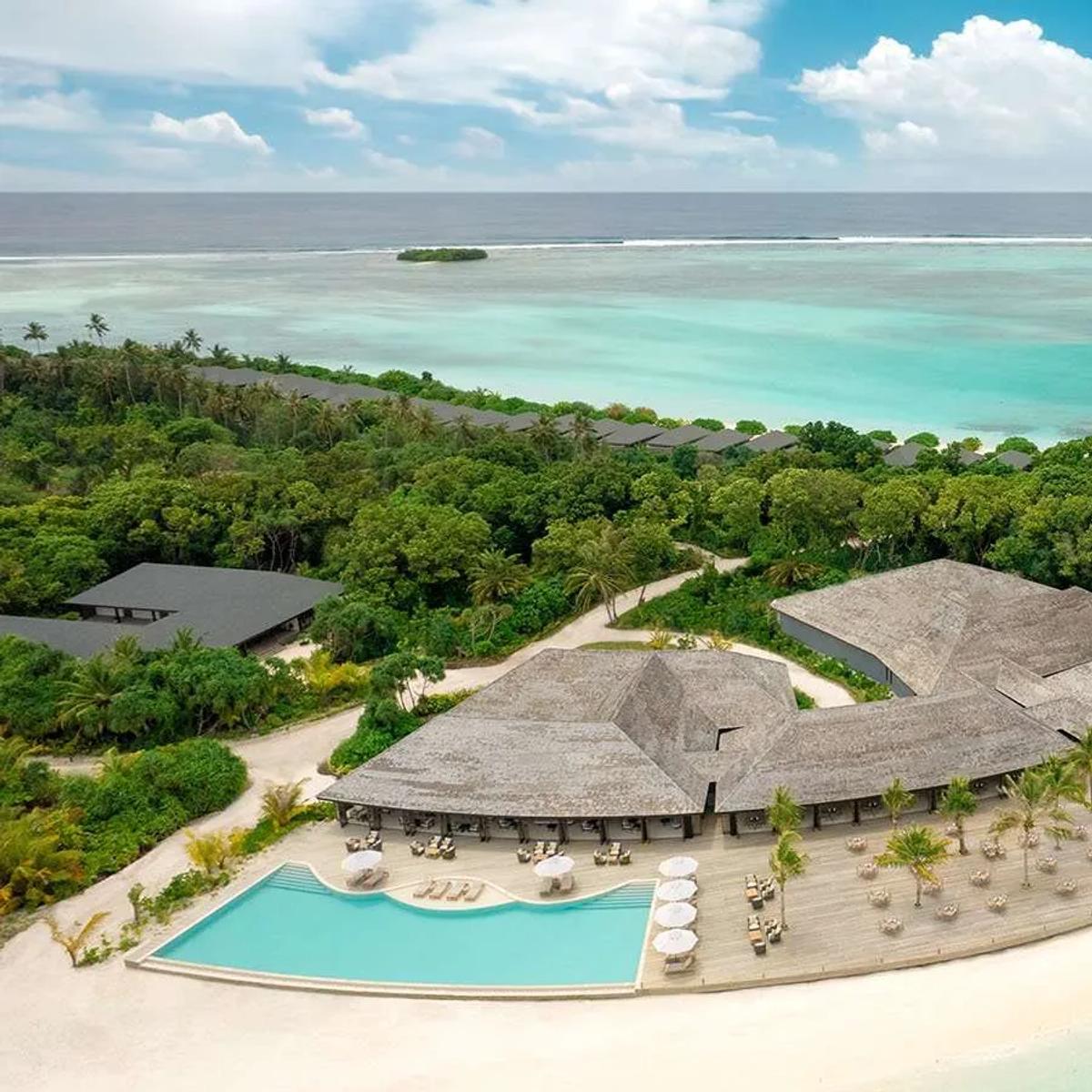 An aerial view of Saima Buffet Restaurant and its beachfront pool deck on Mabin Island