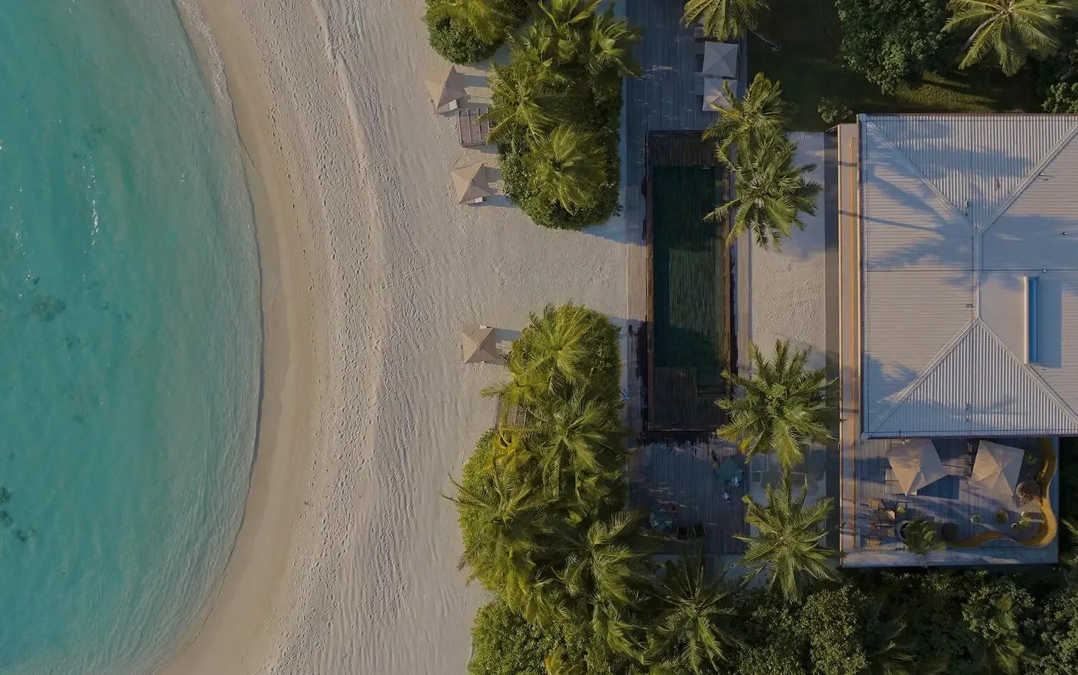 A directly overhead view of Patina Maldives' beach, a shaded pool deck, and palm-shaded villas