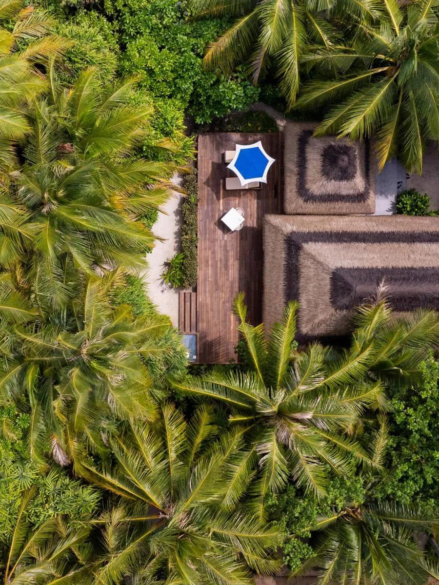 The private terrace of a Beach Villa with a garden pathway toward the ocean